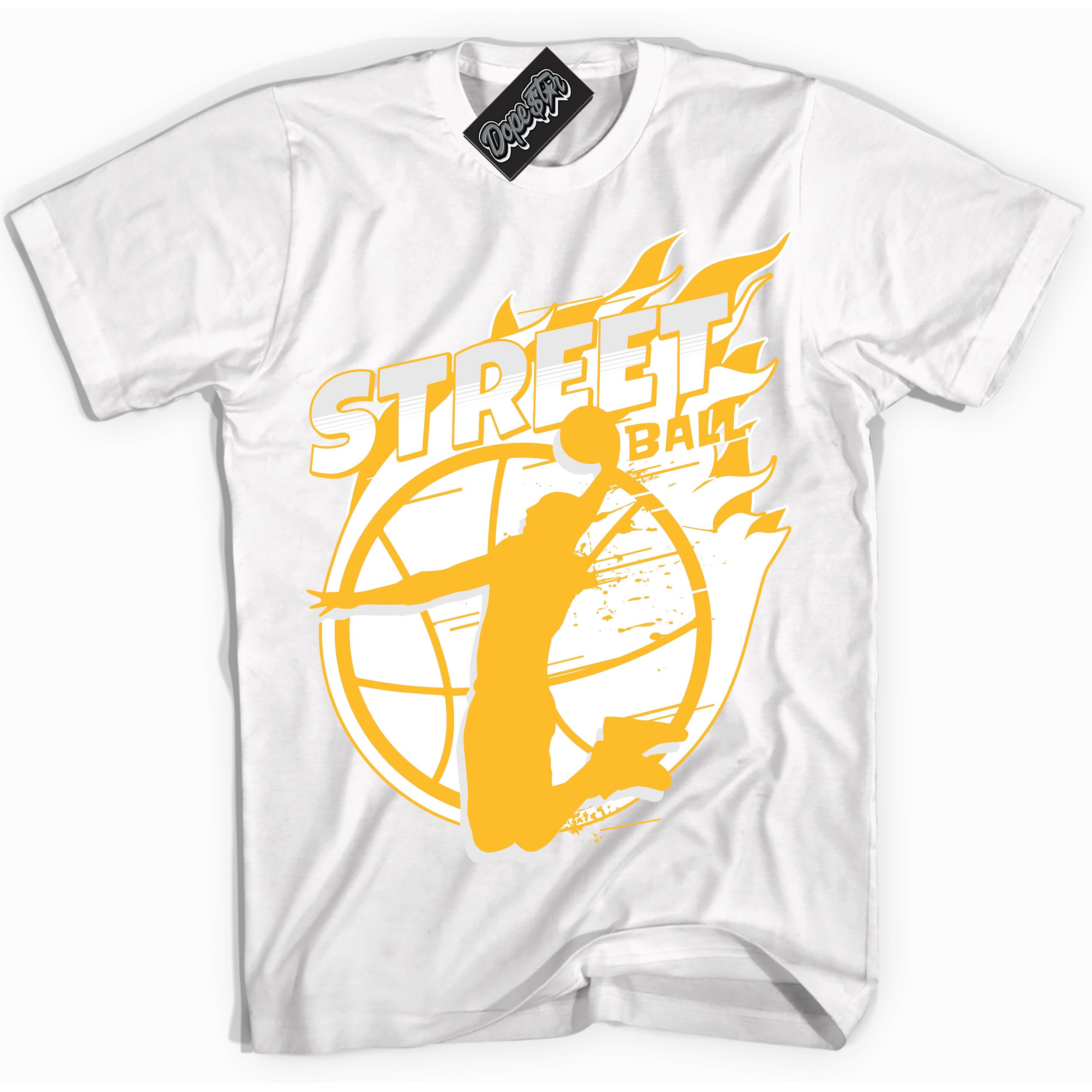 Cool White Shirt with “ Street Ball ” design that perfectly matches White University Gold Sneakers.