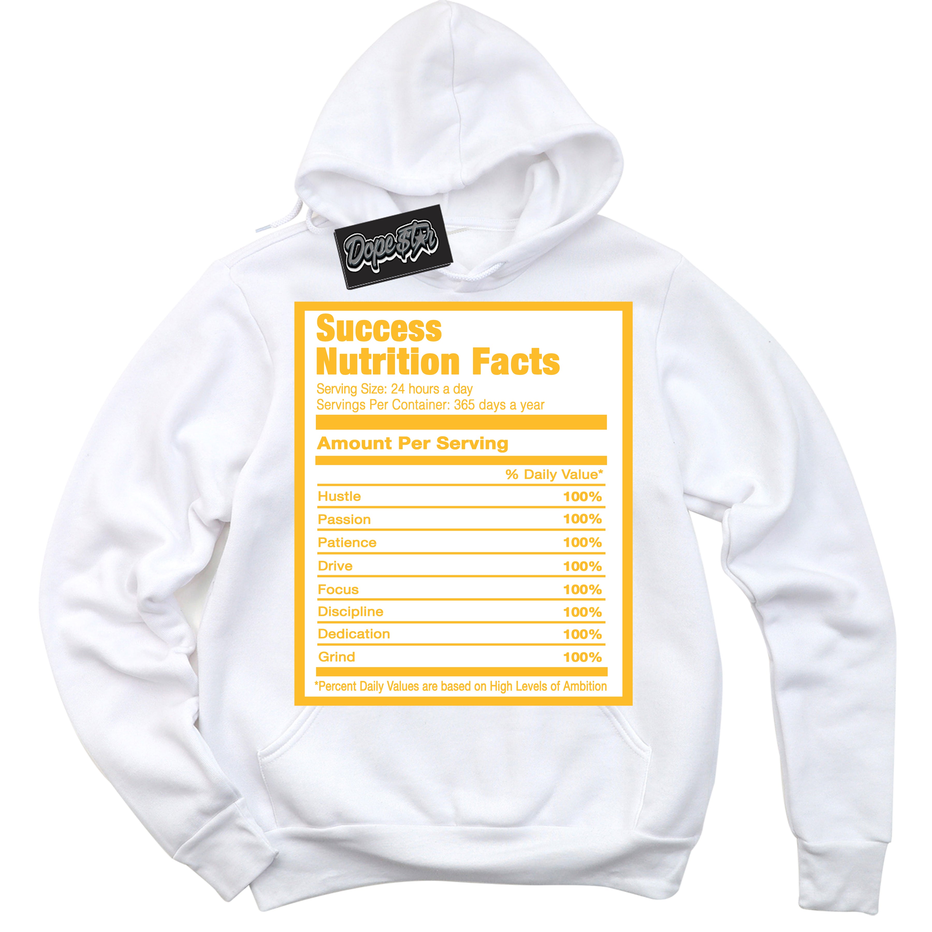 Cool White Hoodie with “ Success Nutrition '' design that Perfectly Matches  White University Gold Sneakers.