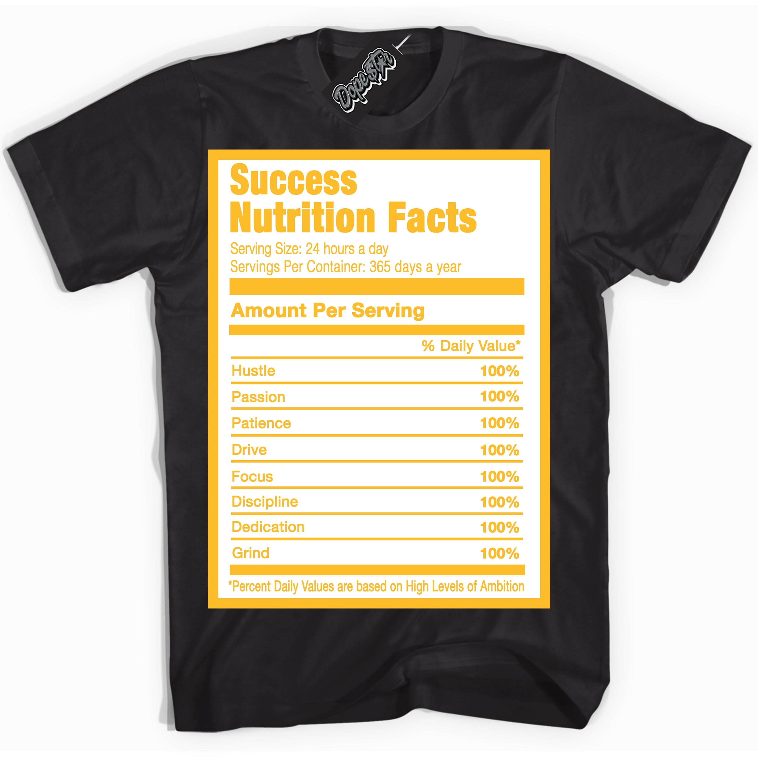 Cool Black Shirt with “ Success Nutrition ” design that perfectly matches White University Gold Sneakers.