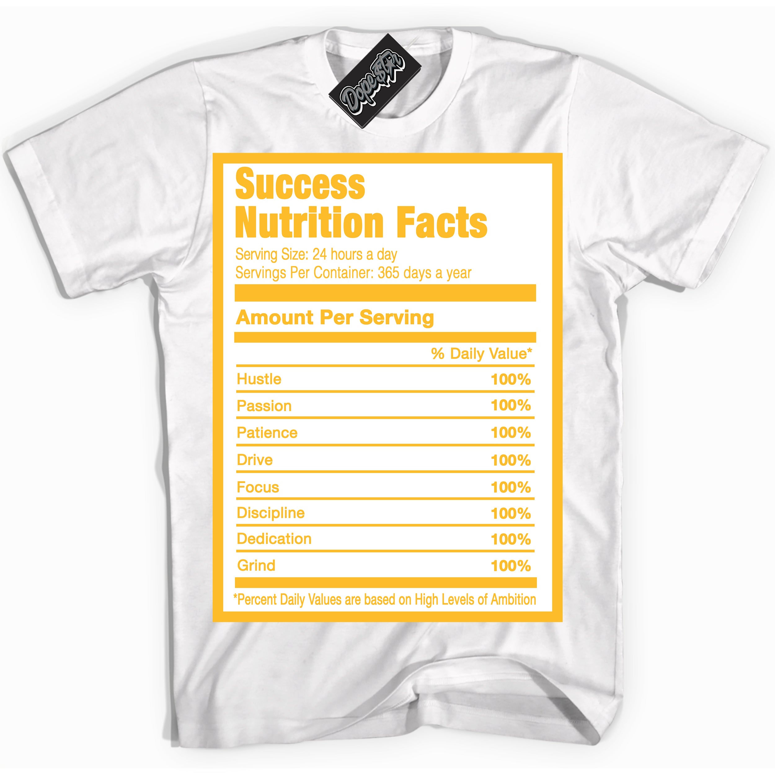 Cool White Shirt with “ Success Nutrition ” design that perfectly matches White University Gold Sneakers.