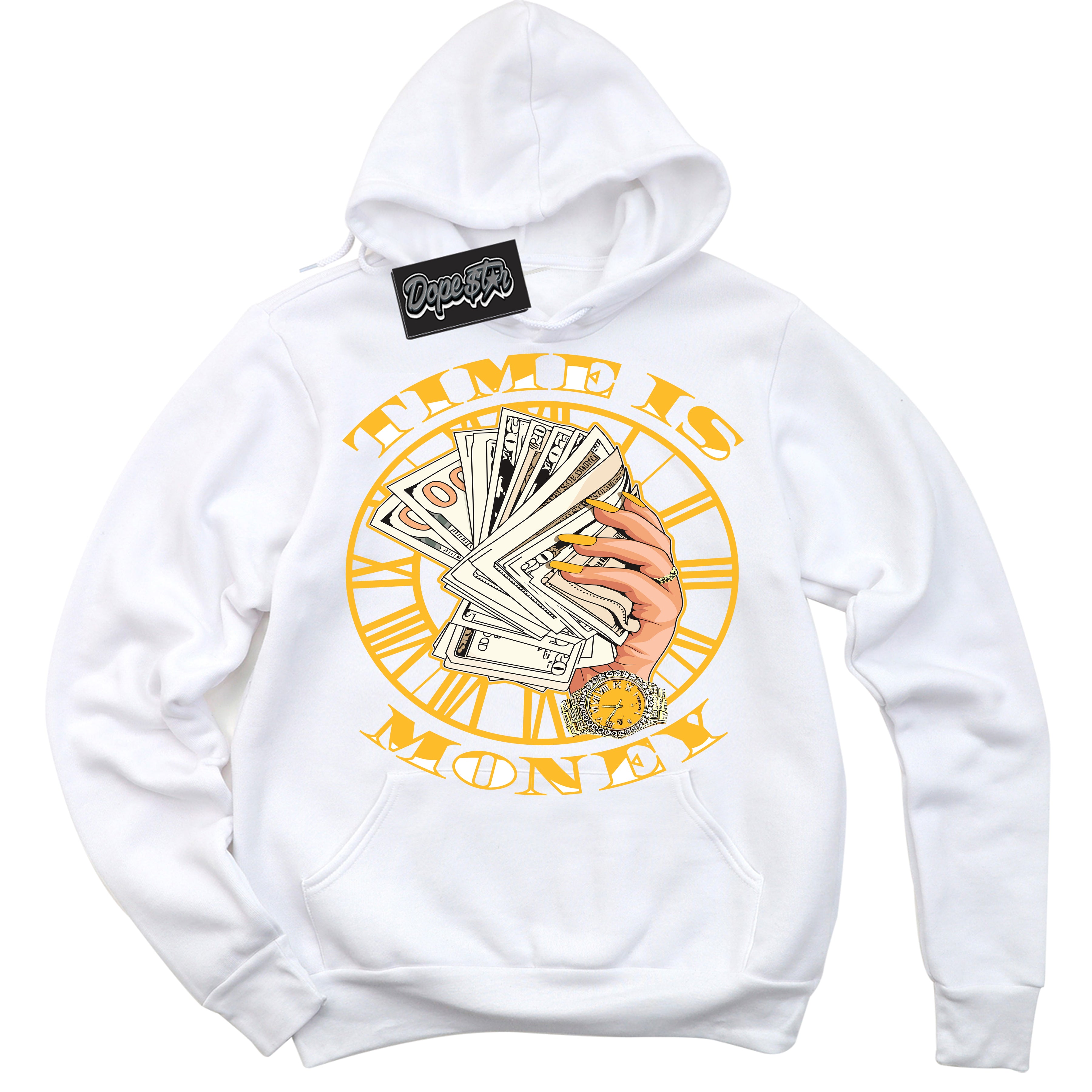 Cool White Hoodie with “ Time Is Money '' design that Perfectly Matches  White University Gold Sneakers.