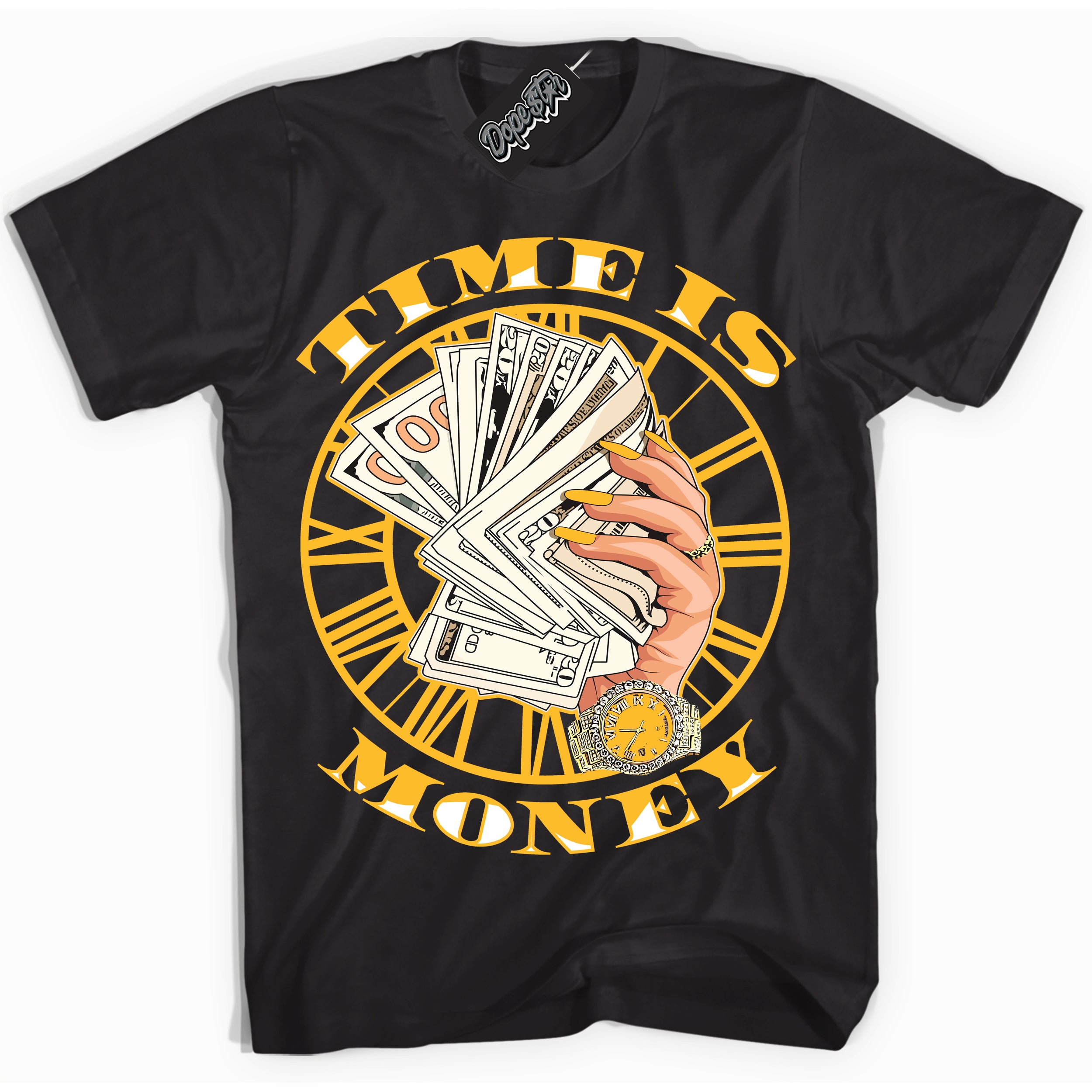 Cool Black Shirt with “ Time Is Money ” design that perfectly matches White University Gold Sneakers.