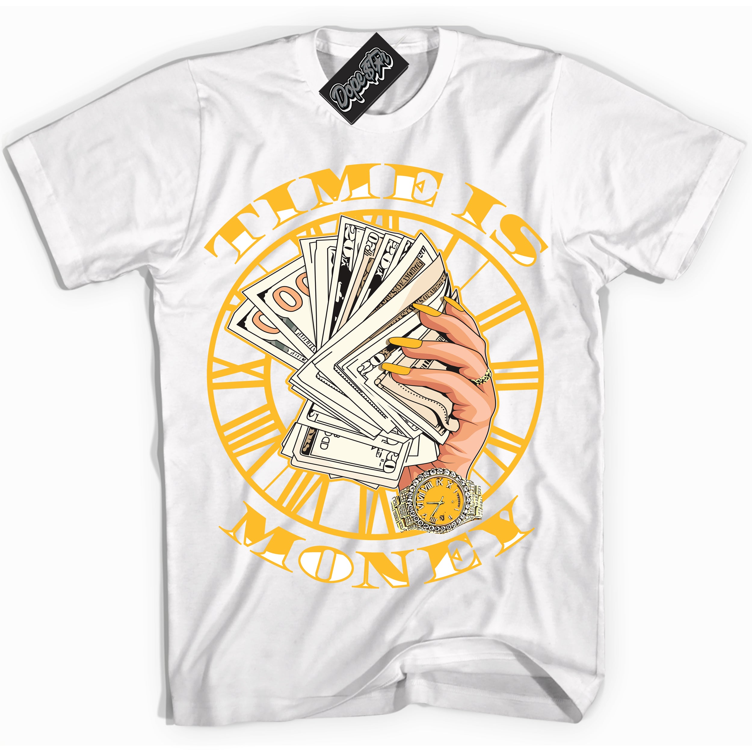 Cool White Shirt with “ Time Is Money ” design that perfectly matches White University Gold Sneakers.