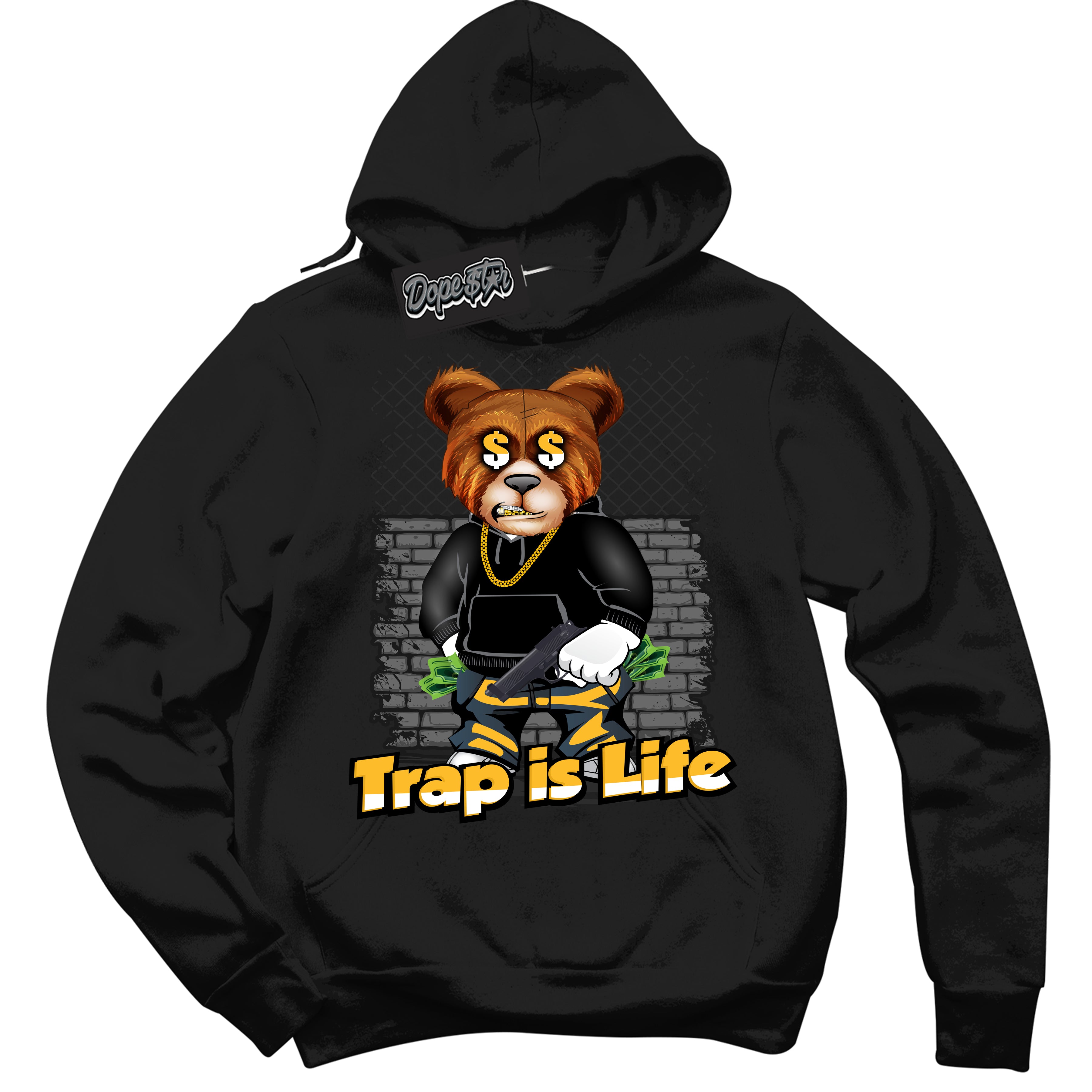 Cool Black Hoodie with “ Trap Is Life '' design that Perfectly Matches  White University Gold Sneakers.