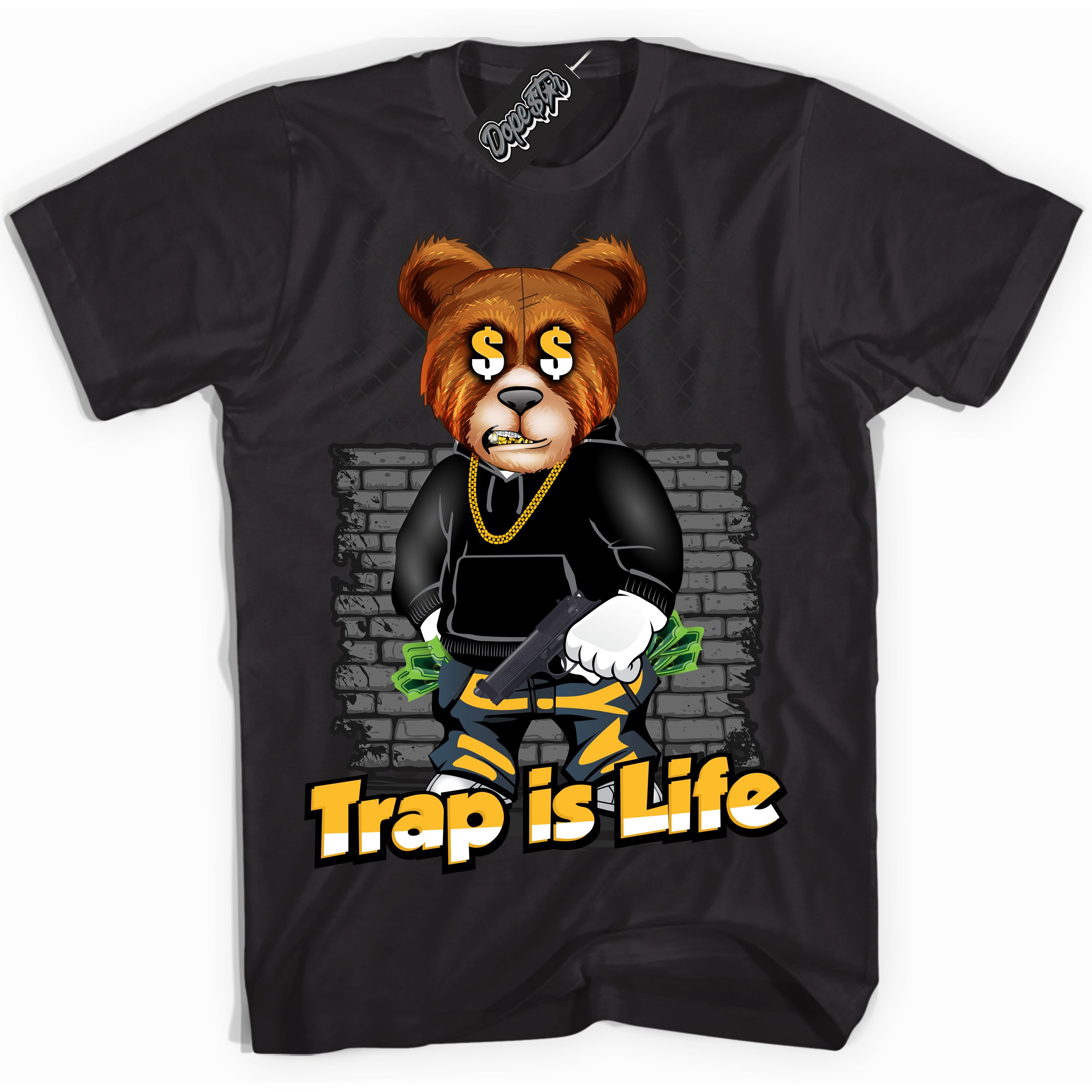 Cool Black Shirt with “ Trap Is Life ” design that perfectly matches White University Gold Sneakers.