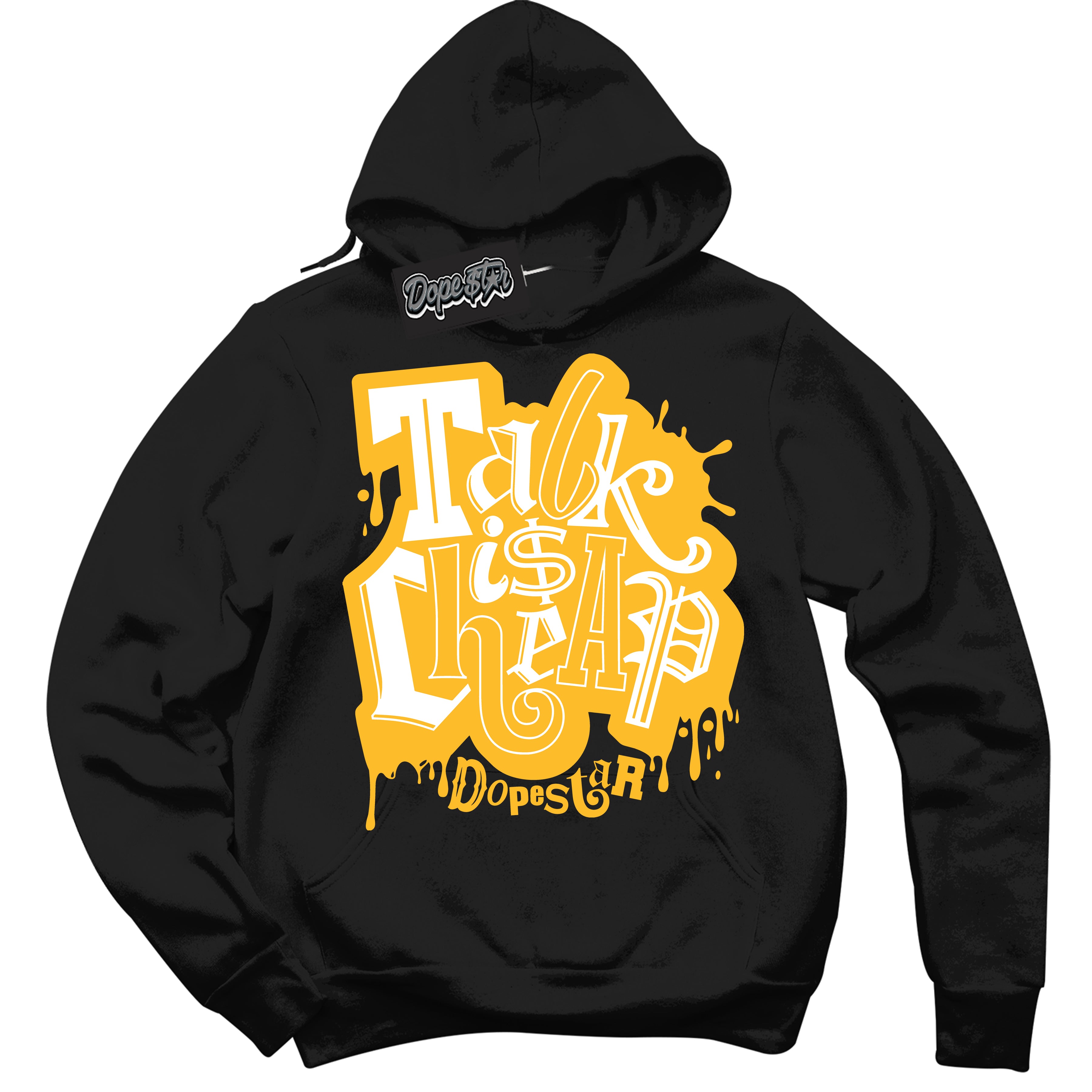 Cool Black Hoodie with “ Talk Is Cheap '' design that Perfectly Matches  White University Gold Sneakers.