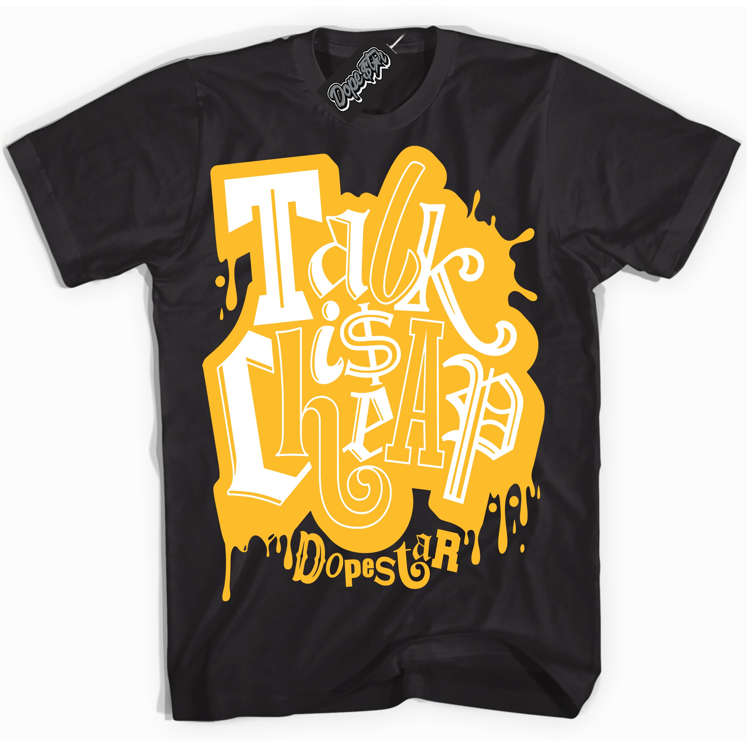 Cool Black Shirt with “ Talk Is Cheap ” design that perfectly matches White University Gold Sneakers.