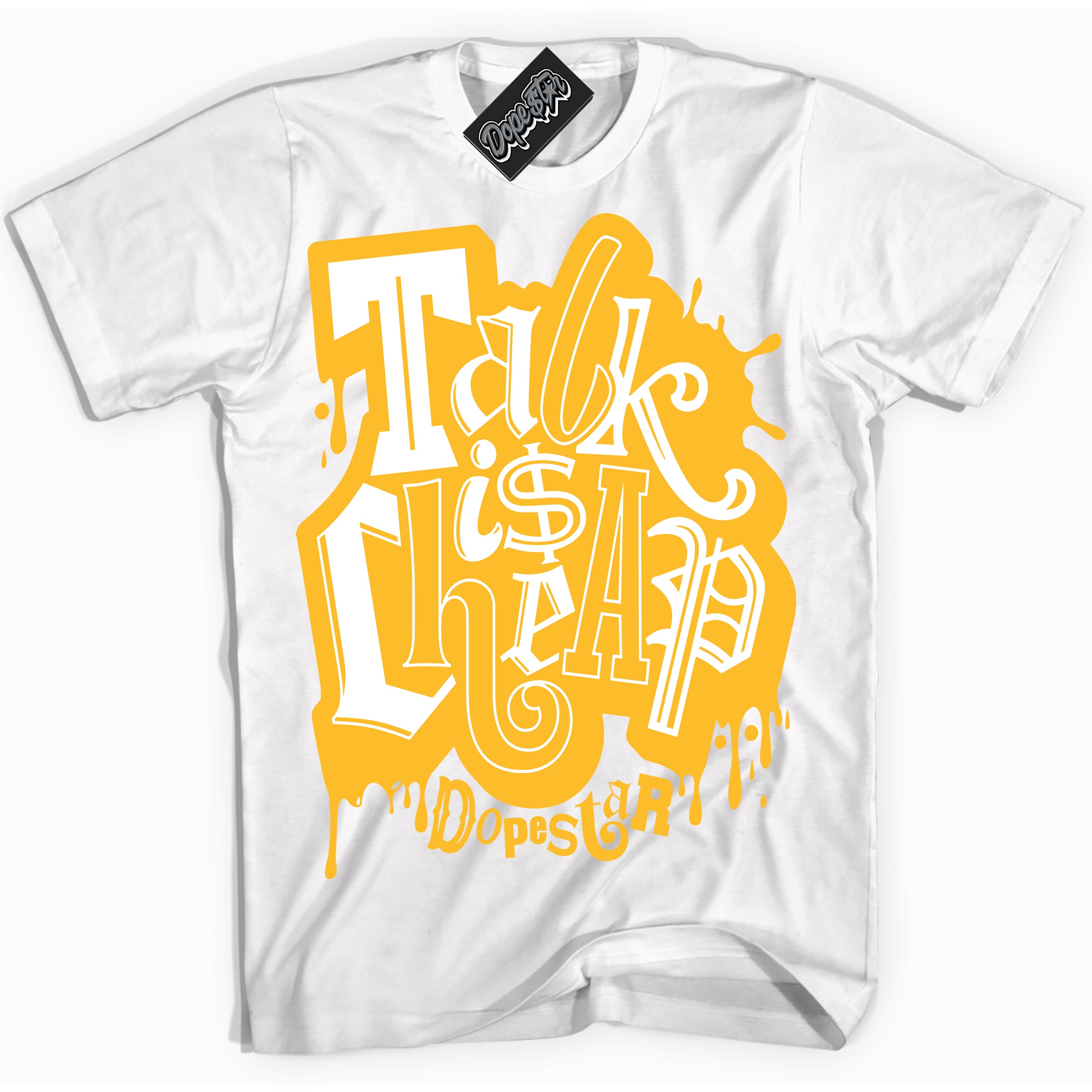 Cool White Shirt with “ Talk Is Cheap ” design that perfectly matches White University Gold Sneakers.