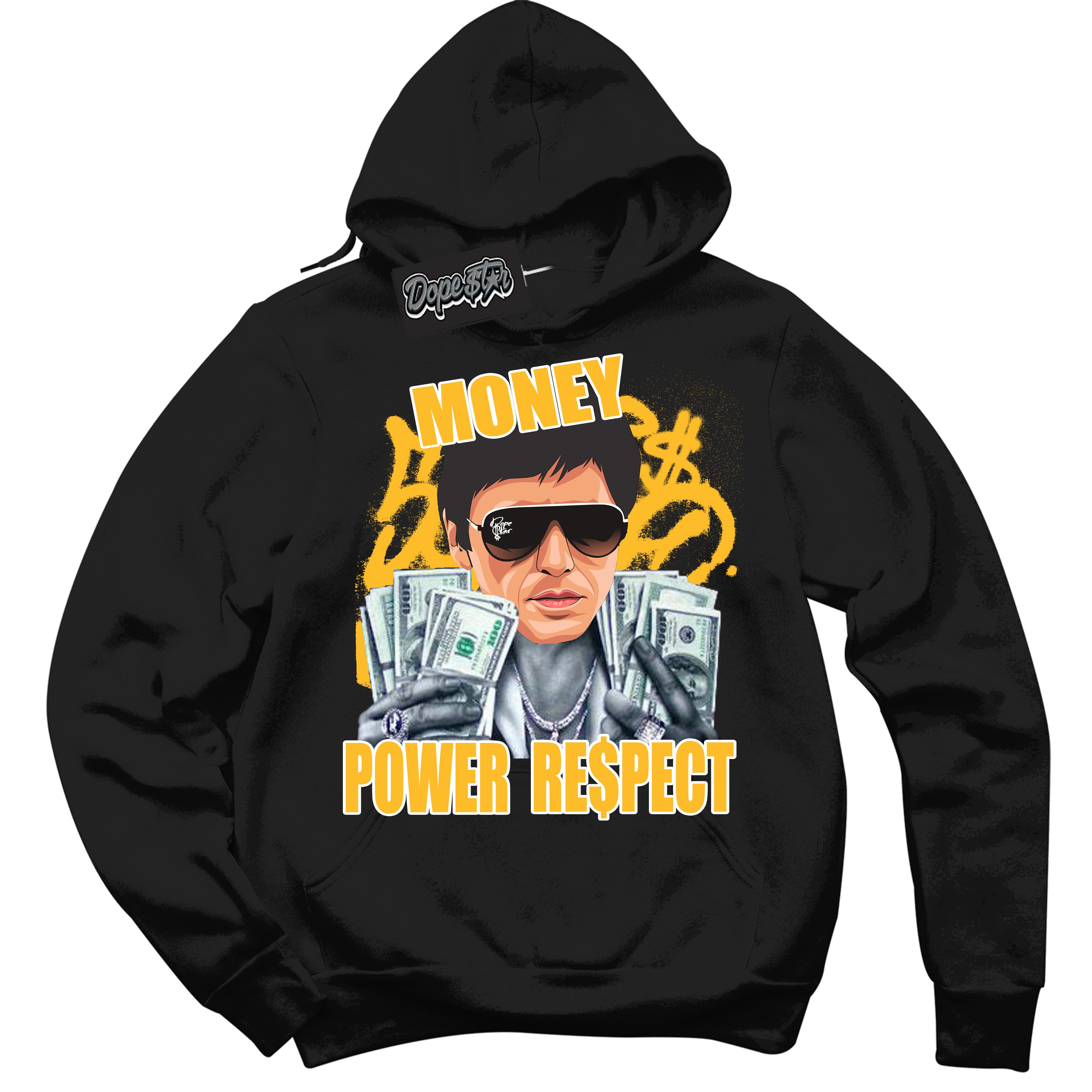 Cool Black Hoodie with “ Tony Montana '' design that Perfectly Matches  White University Gold Sneakers.