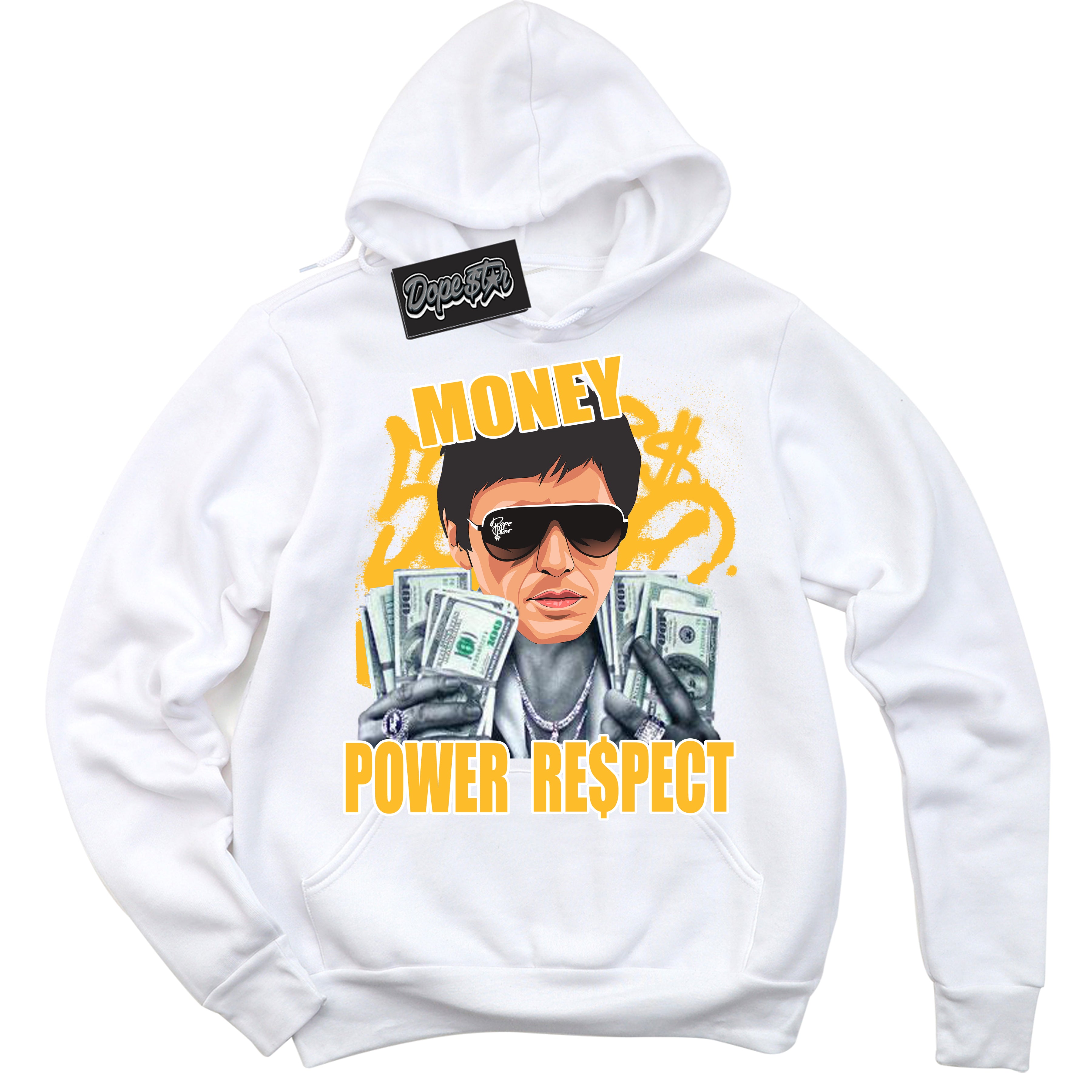 Cool White Hoodie with “ Tony Montana '' design that Perfectly Matches  White University Gold Sneakers.