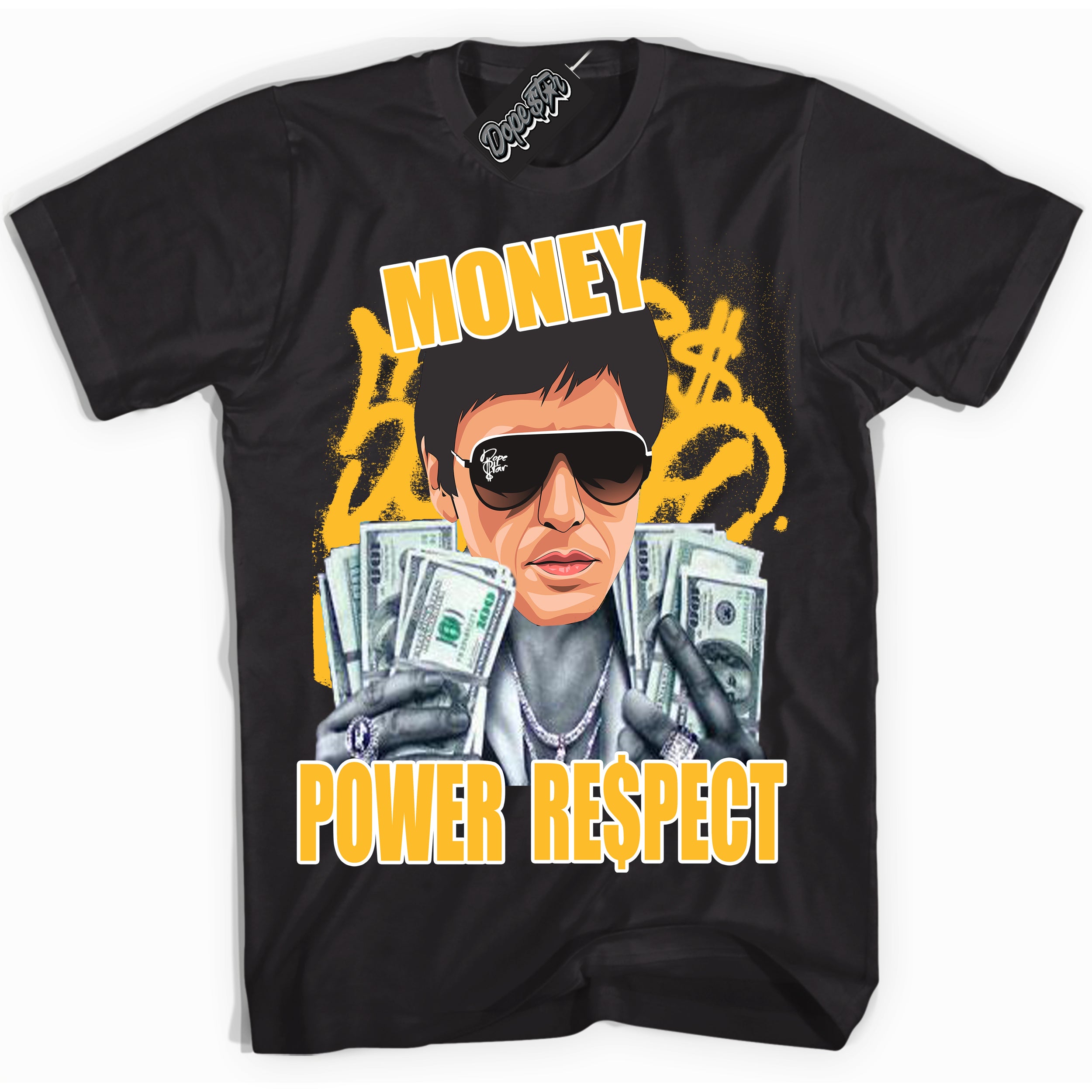 Cool Black Shirt with “ Tony Montana ” design that perfectly matches White University Gold Sneakers.