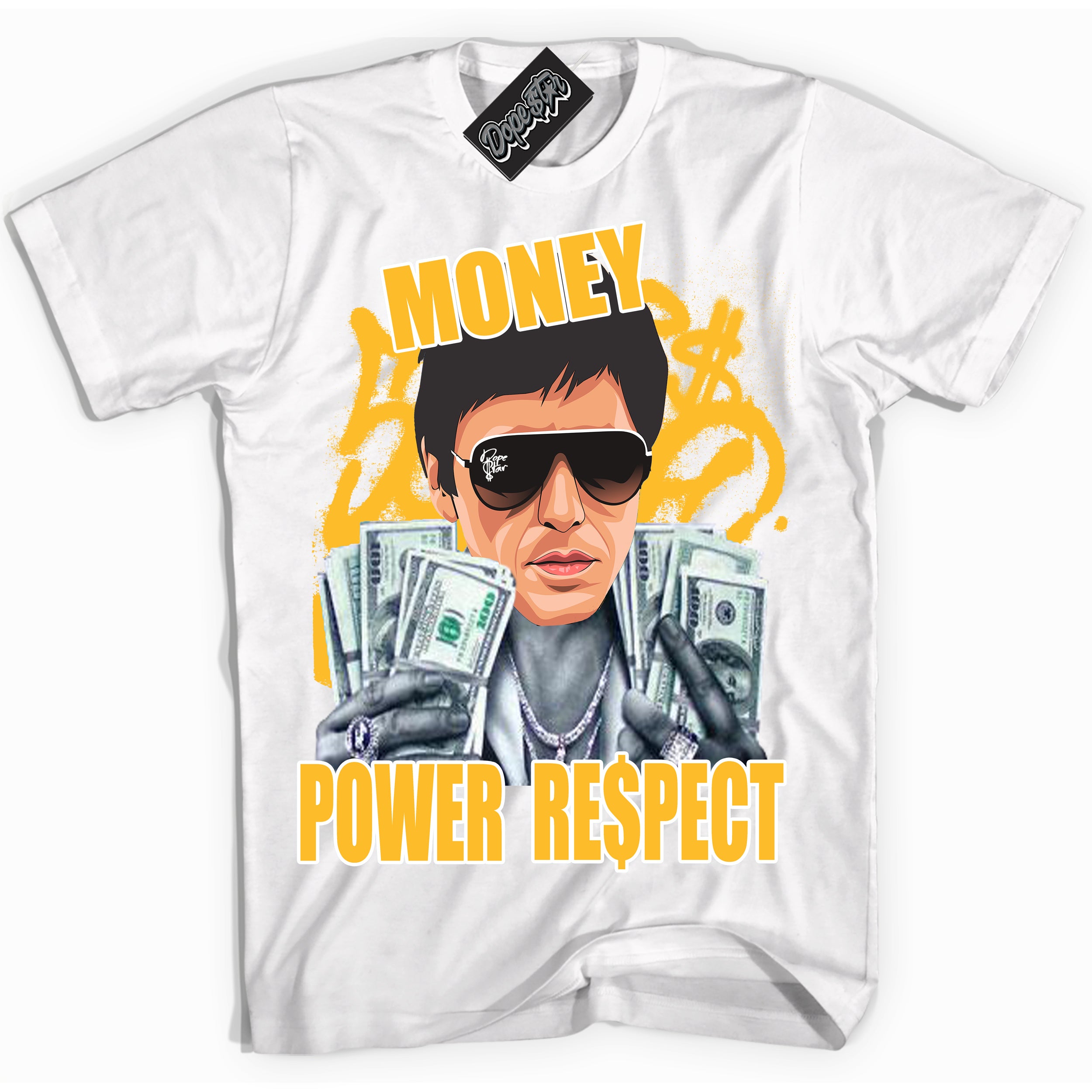 Cool White Shirt with “ Tony Montana ” design that perfectly matches White University Gold Sneakers.