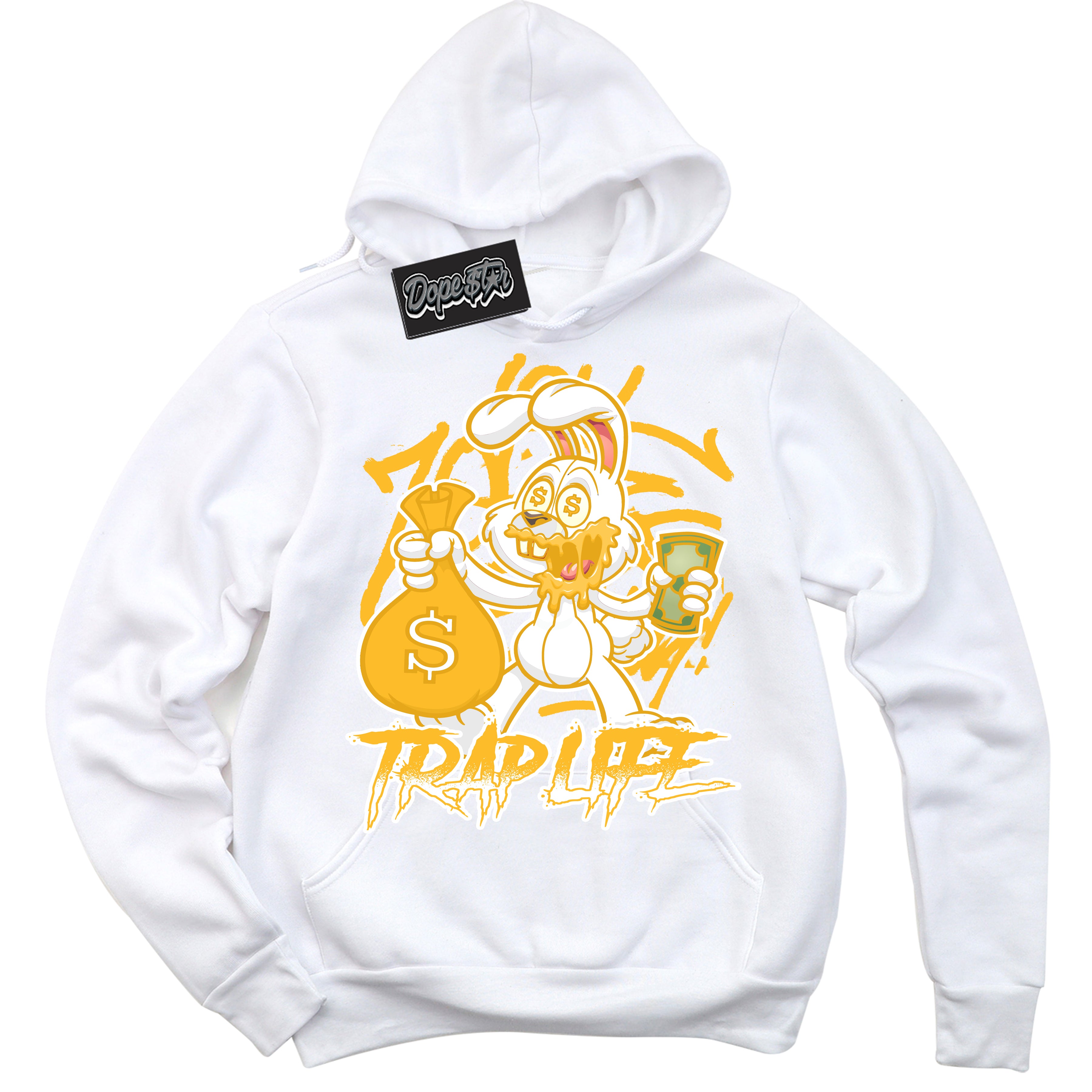 Cool White Hoodie with “ Trap Rabbit '' design that Perfectly Matches  White University Gold Sneakers.