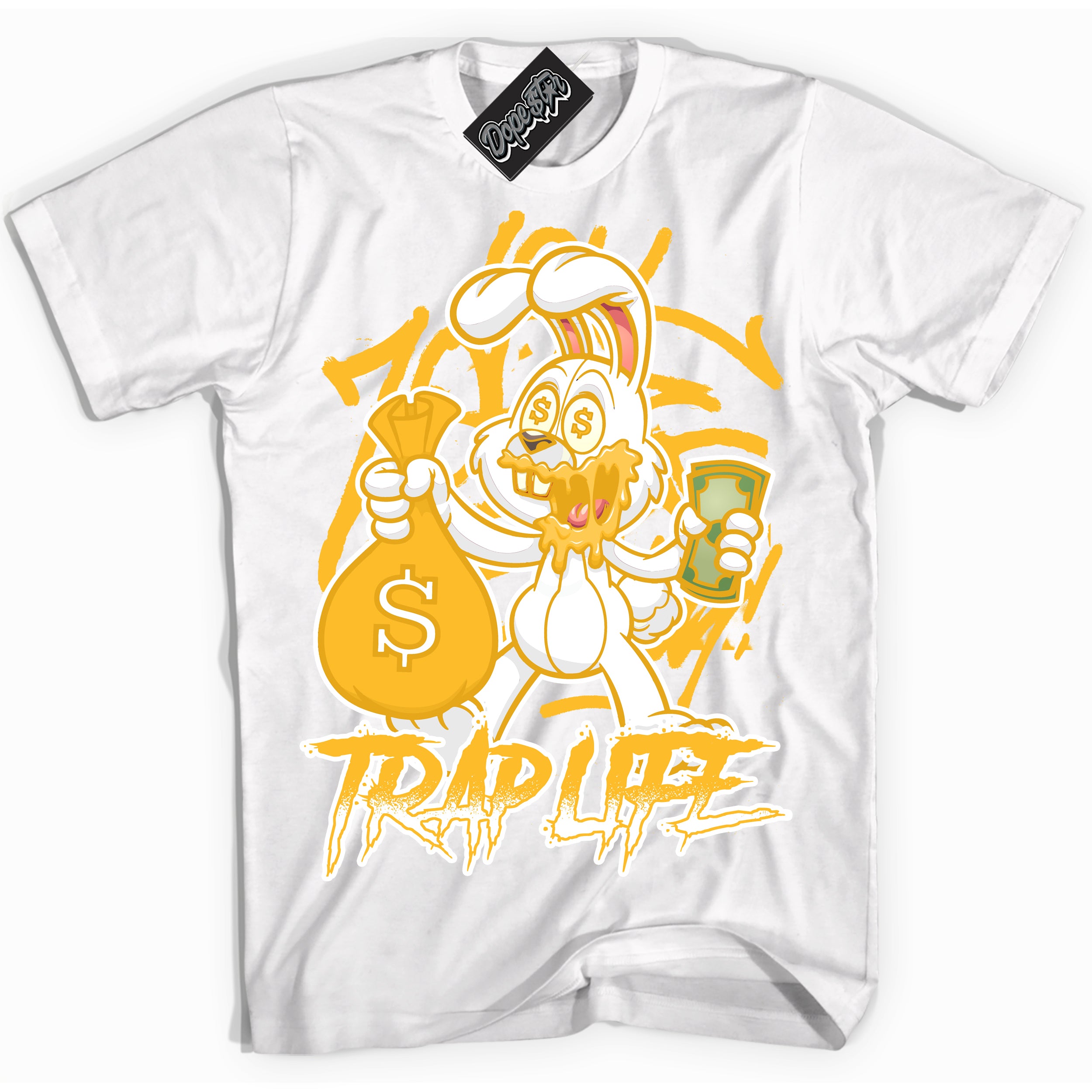 Cool White Shirt with “ Trap Rabbit ” design that perfectly matches White University Gold Sneakers.