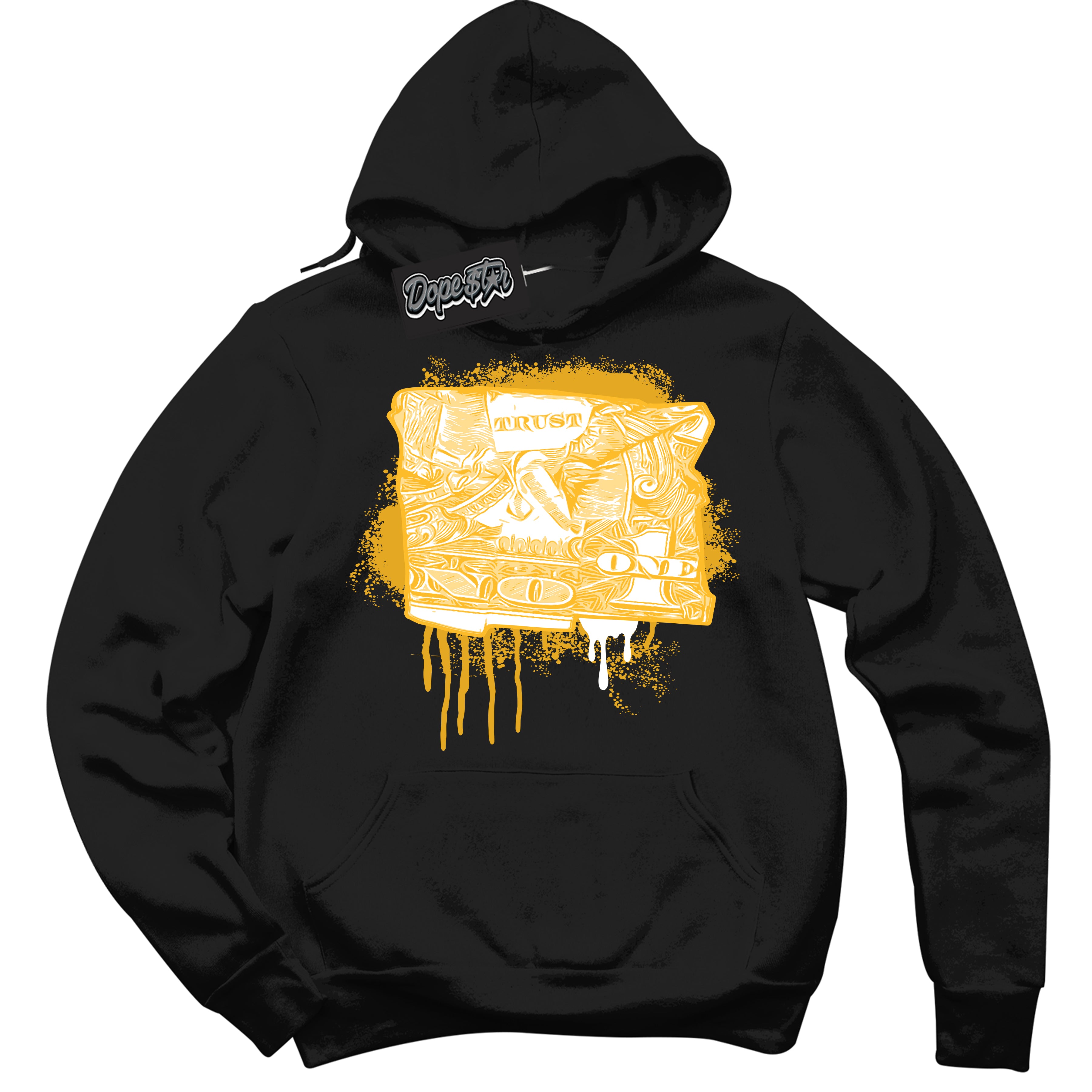 Cool Black Hoodie with “ Trust No One Dollar '' design that Perfectly Matches  White University Gold Sneakers.