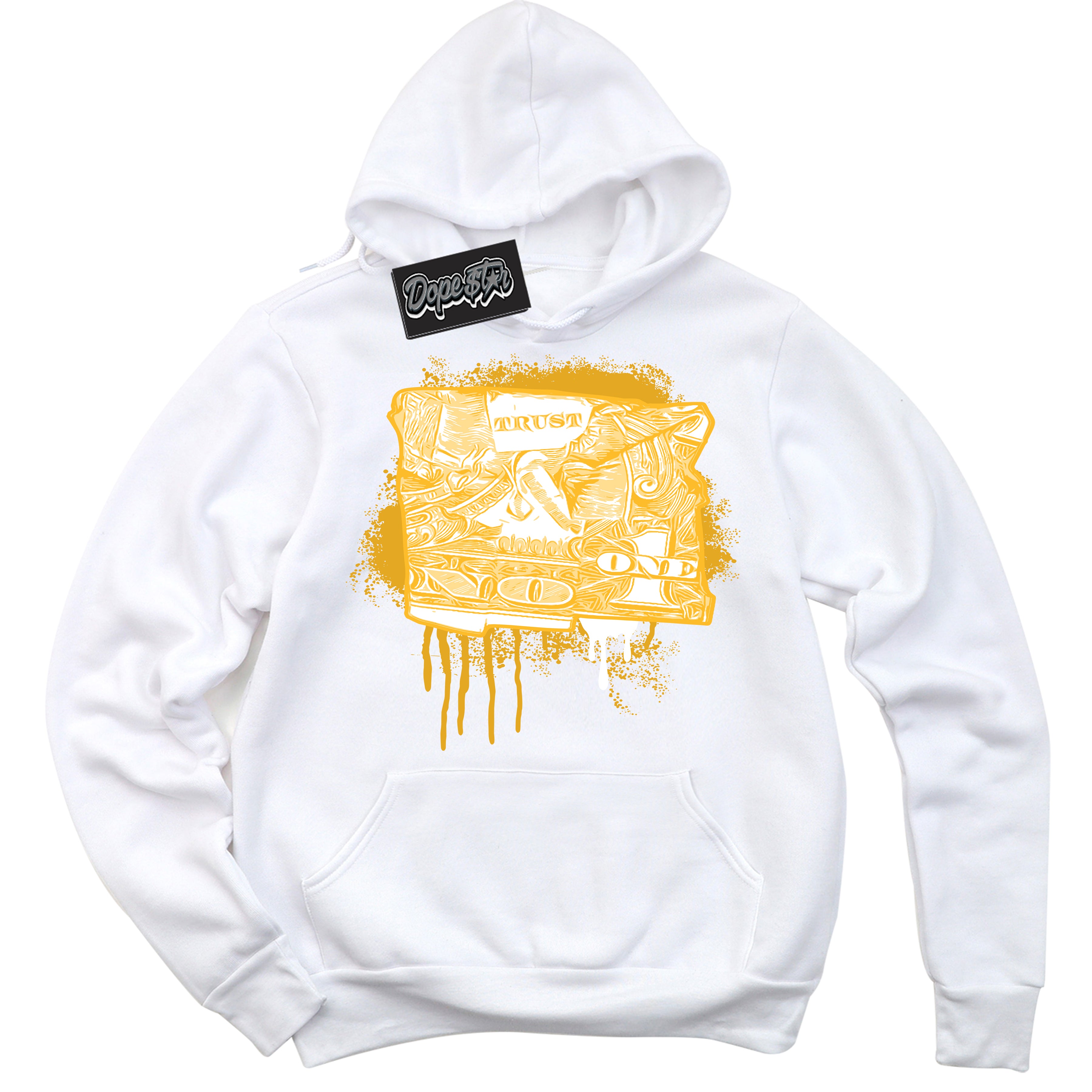 Cool White Hoodie with “ Trust No One Dollar '' design that Perfectly Matches  White University Gold Sneakers.