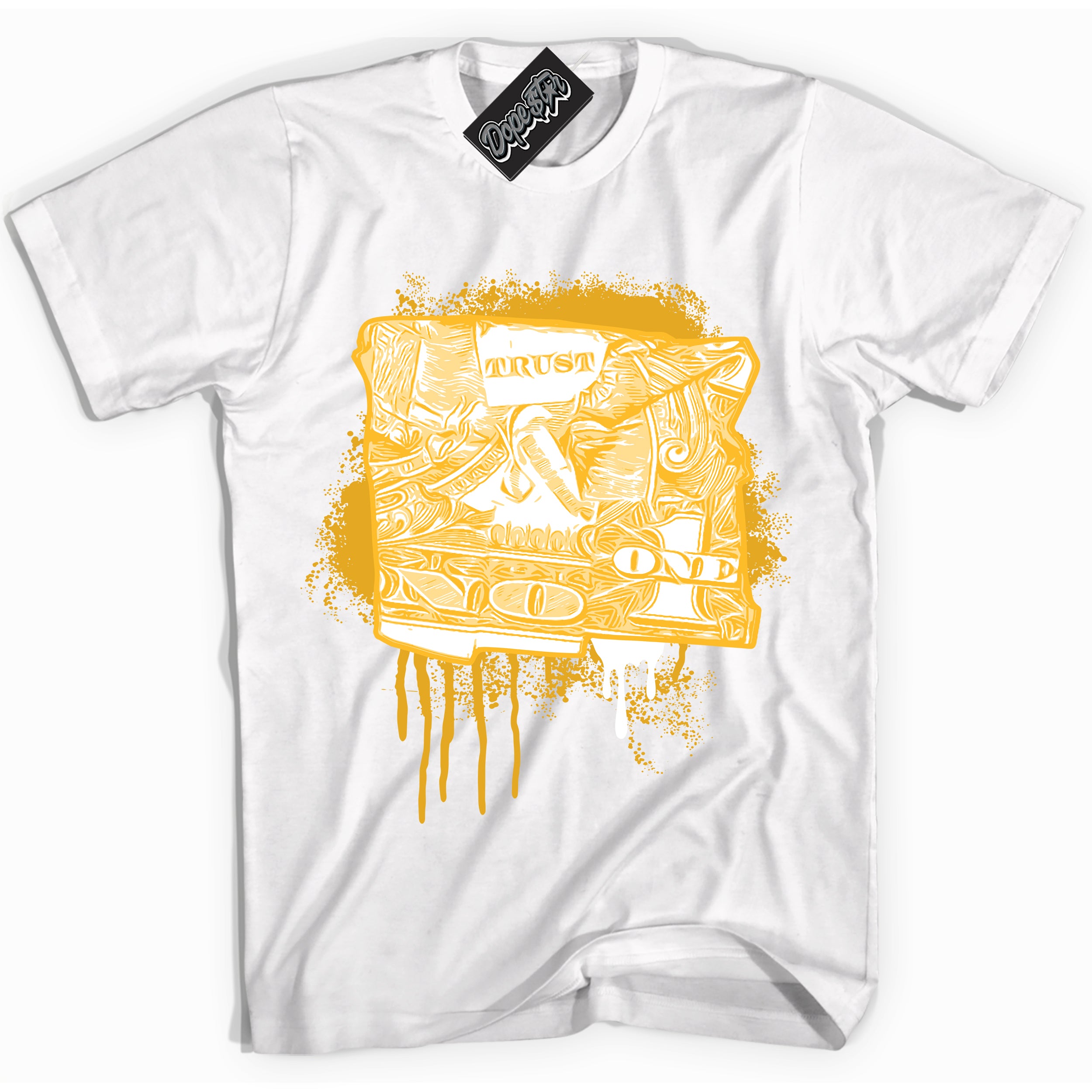 Cool White Shirt with “ Trust No One Dollar ” design that perfectly matches White University Gold Sneakers.