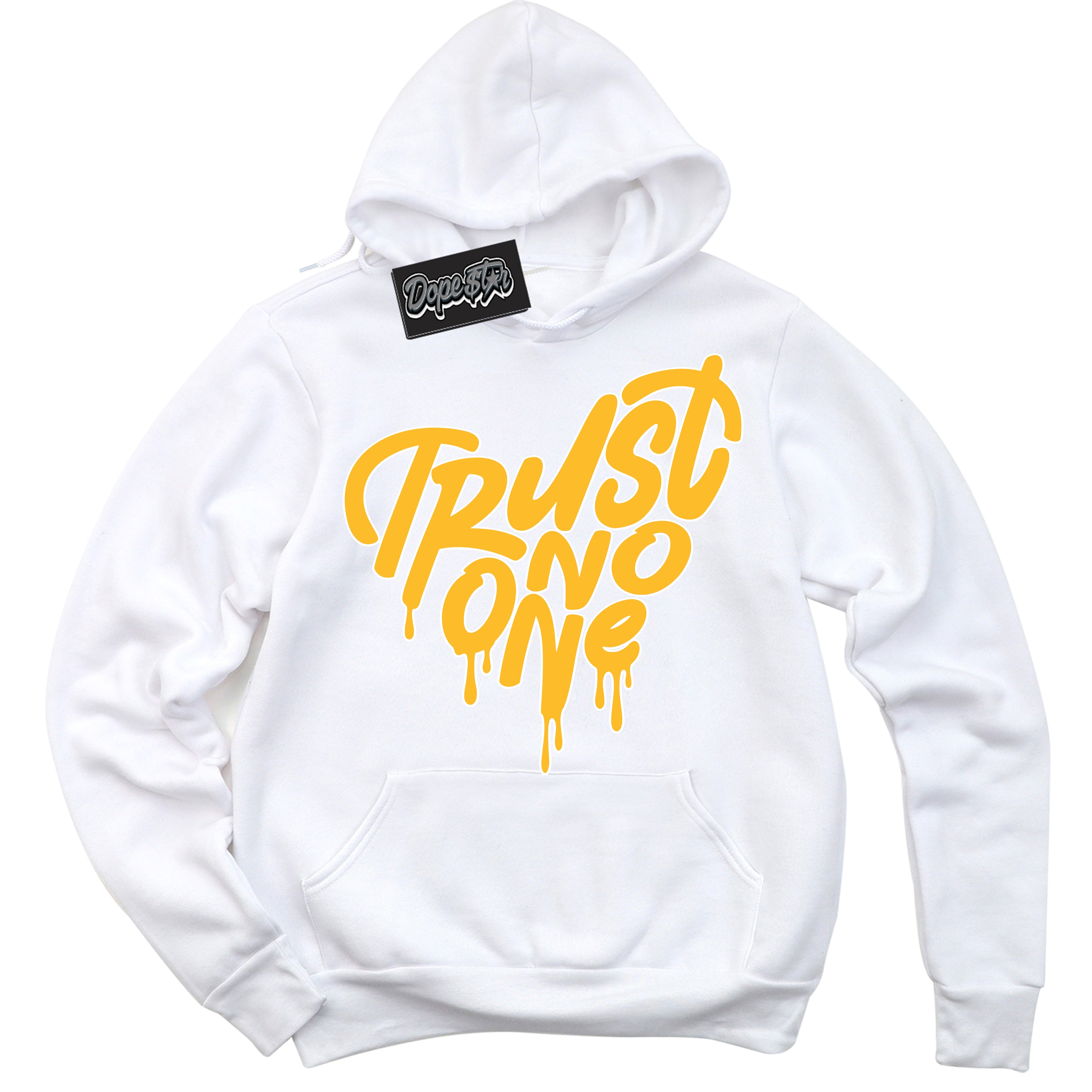 Cool White Hoodie with “ Trust No One Heart '' design that Perfectly Matches  White University Gold Sneakers.