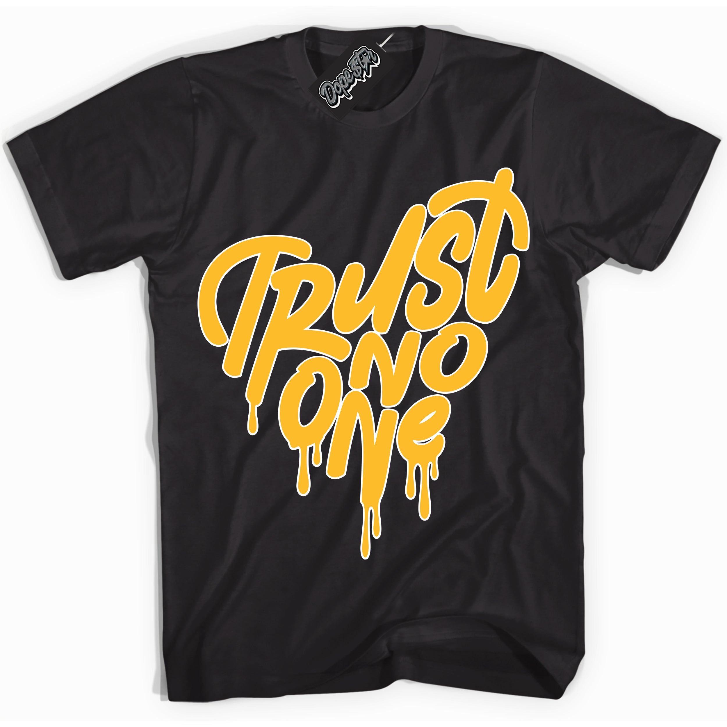 Cool Black Shirt with “ Trust No One Heart ” design that perfectly matches White University Gold Sneakers.