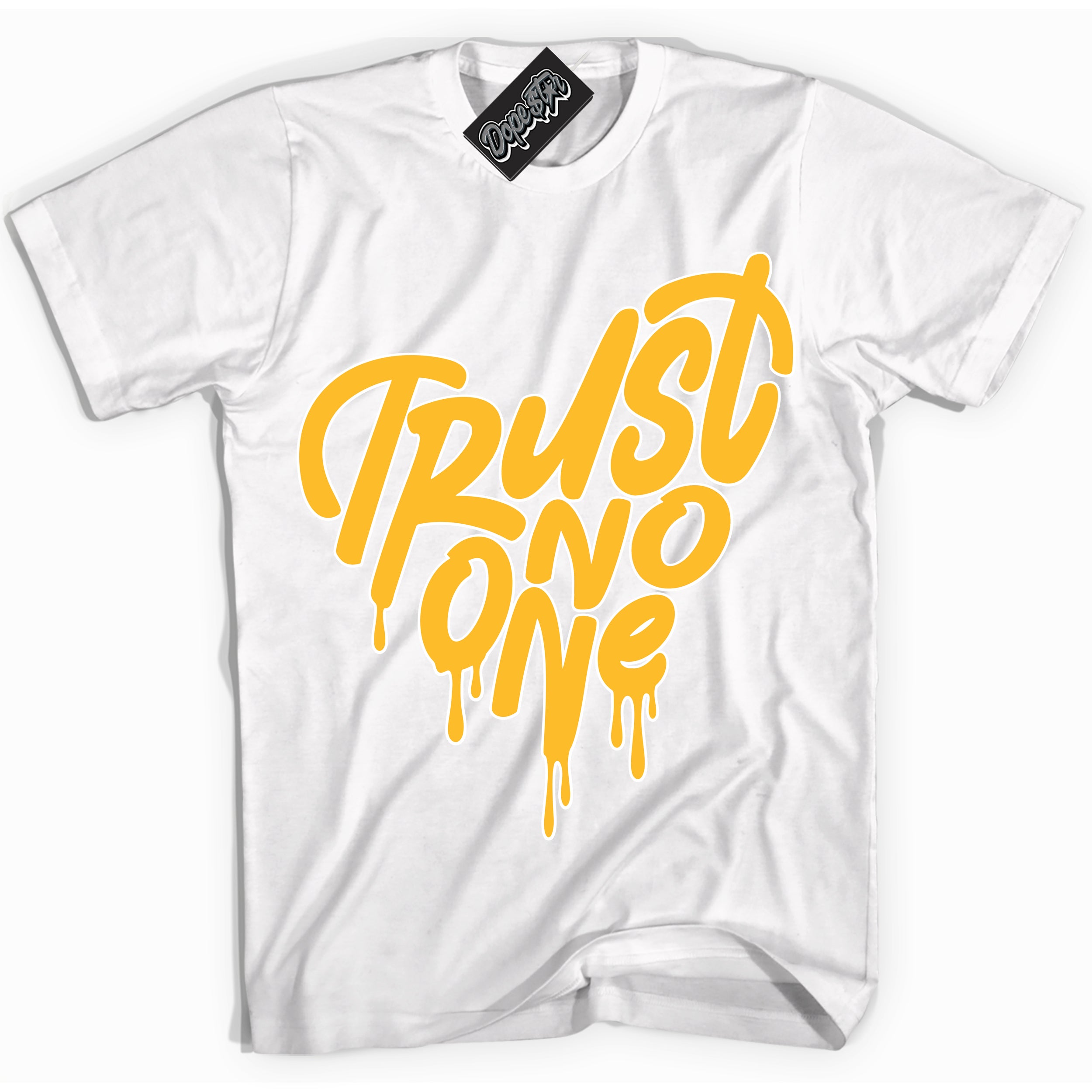 Cool White Shirt with “ Trust No One Heart ” design that perfectly matches White University Gold Sneakers.