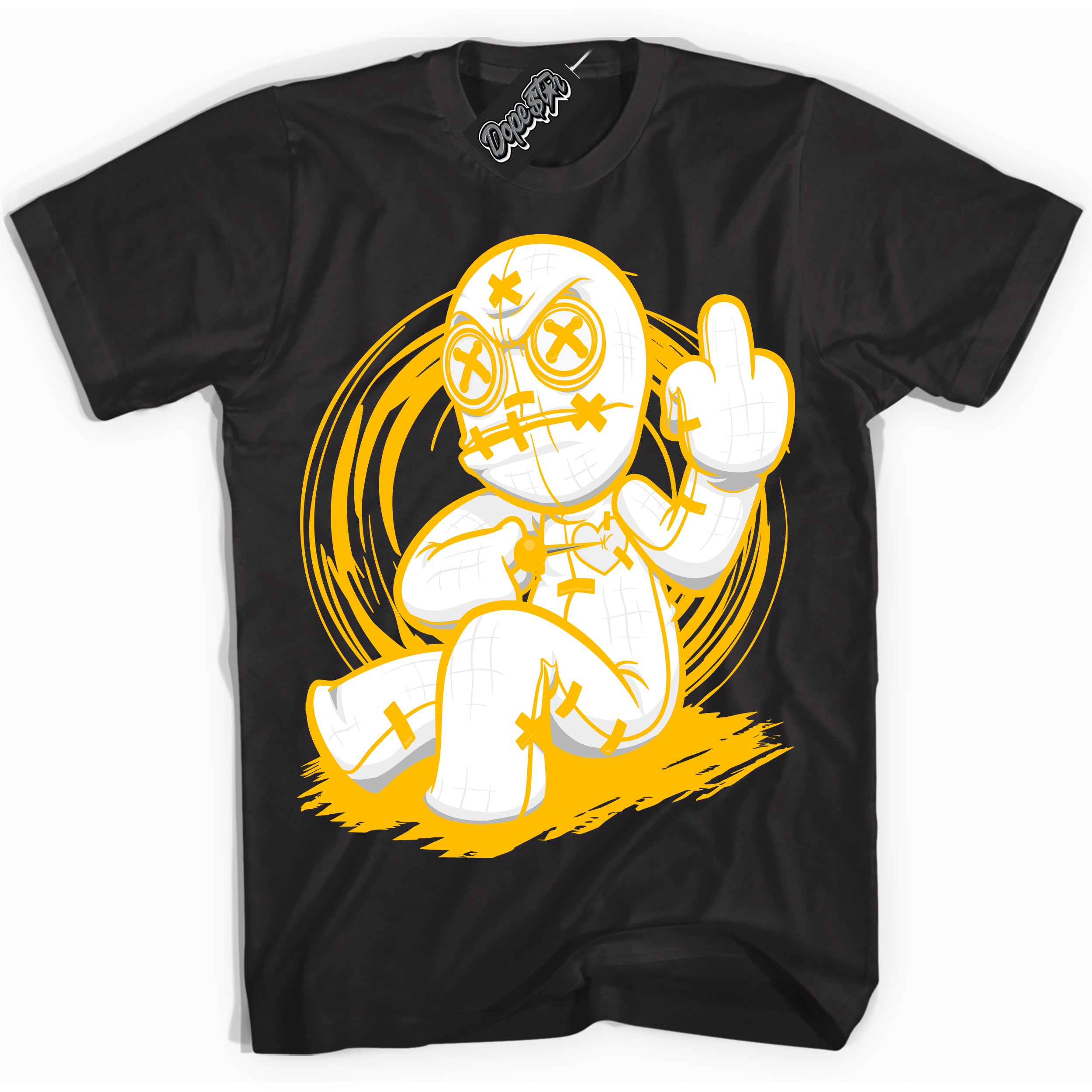 Cool Black Shirt with “ VooDoo Doll ” design that perfectly matches White University Gold Sneakers.