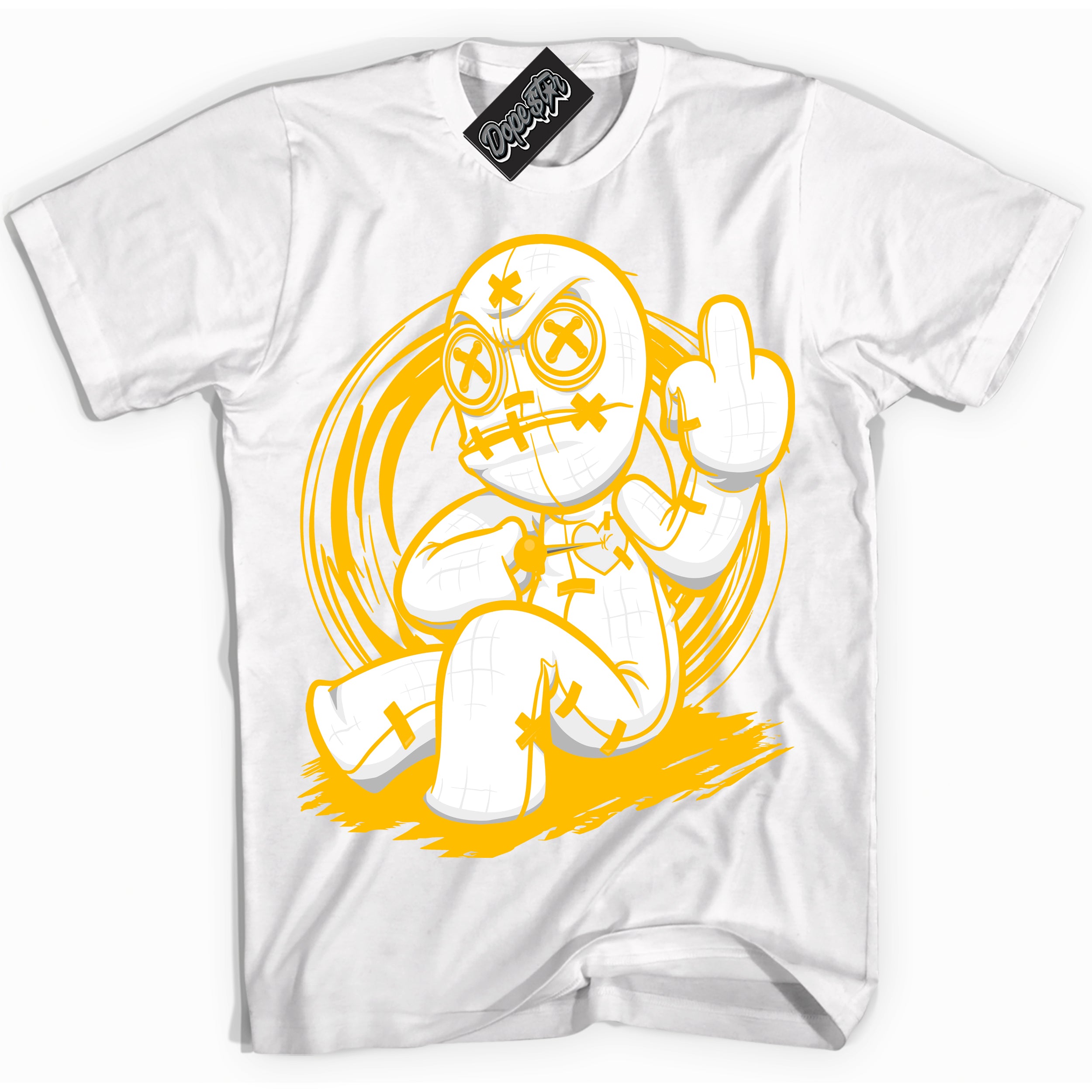 Cool White Shirt with “ VooDoo Doll ” design that perfectly matches White University Gold Sneakers.