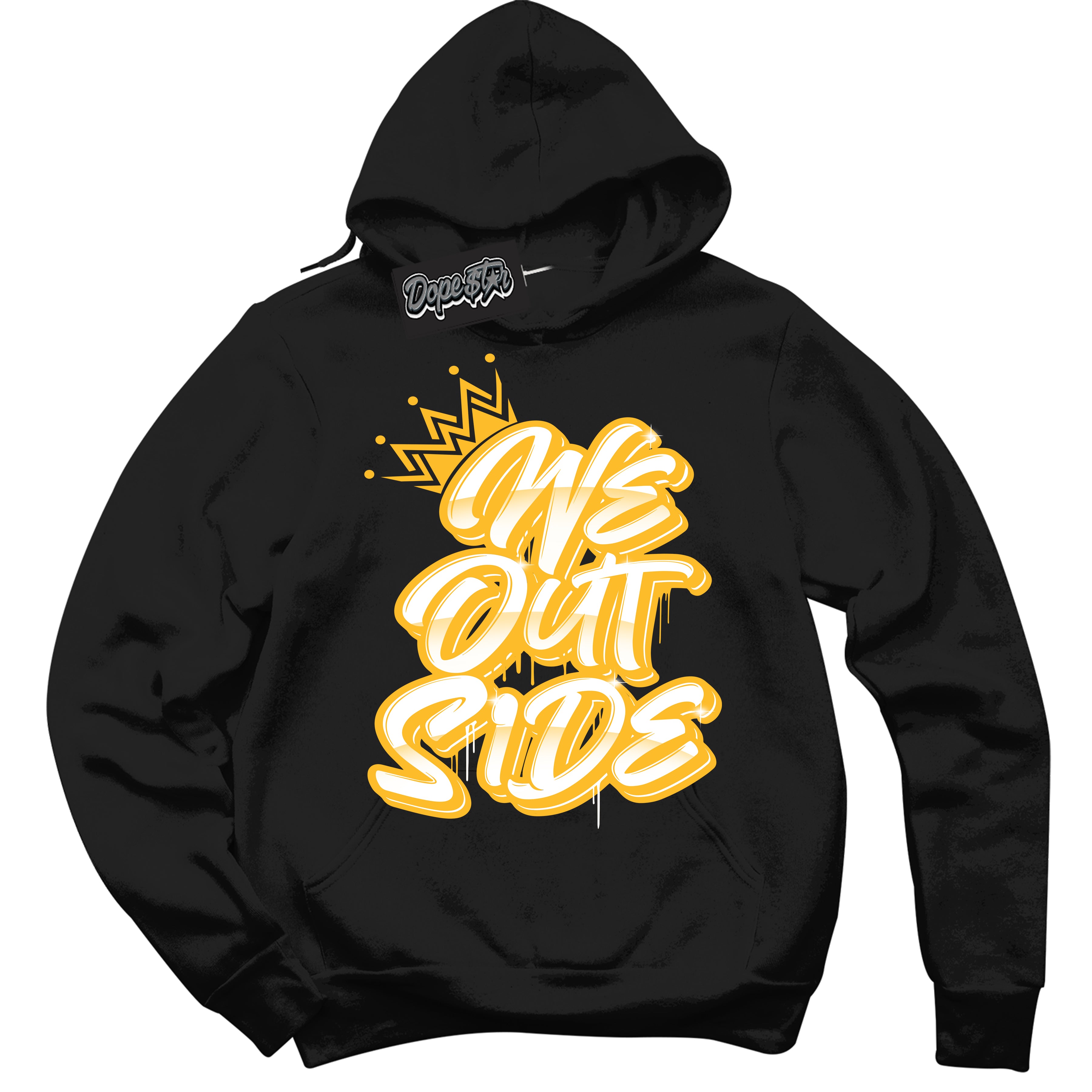 Cool Black Hoodie with “ We Outside '' design that Perfectly Matches  White University Gold Sneakers.