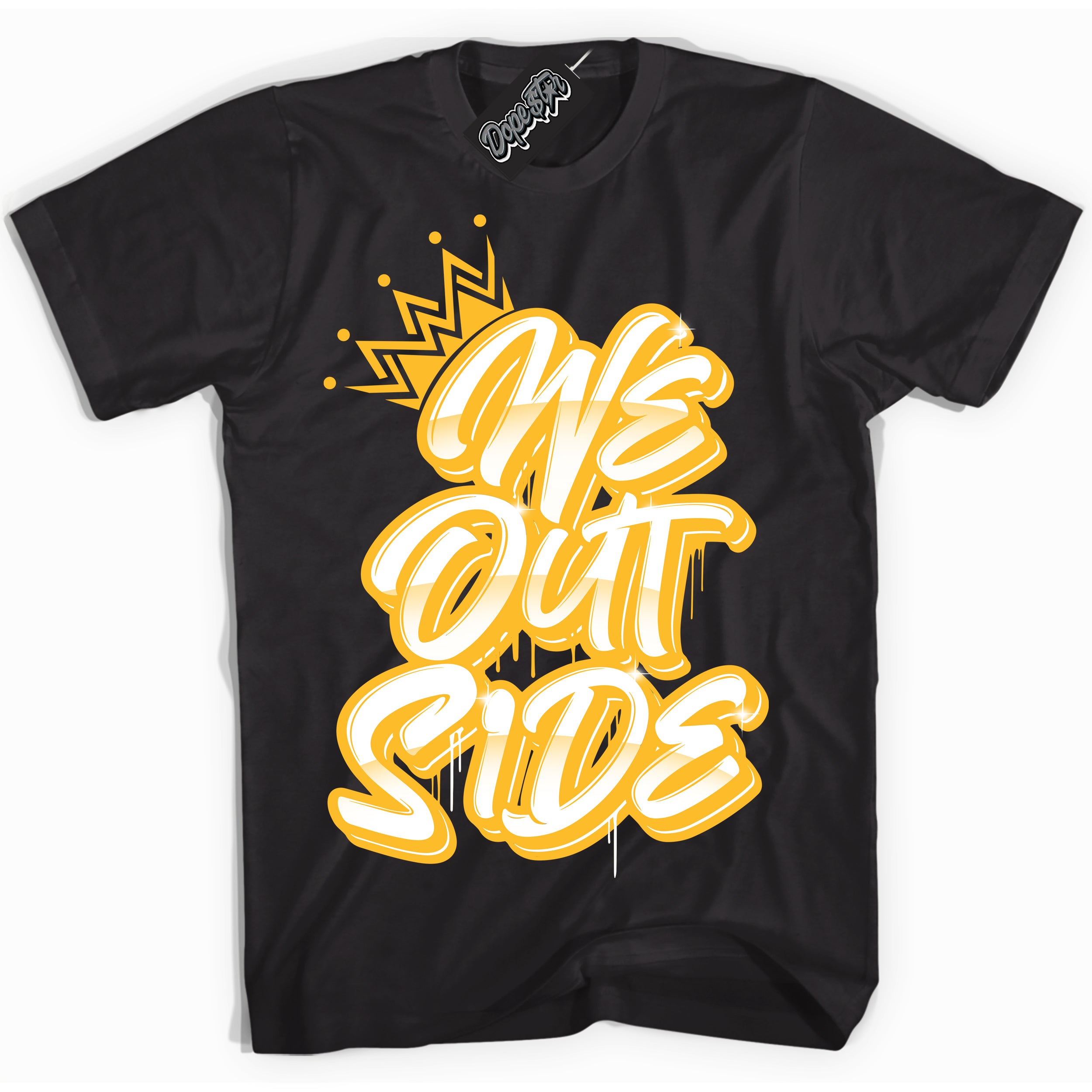 Cool Black Shirt with “ We Outside ” design that perfectly matches White University Gold Sneakers.