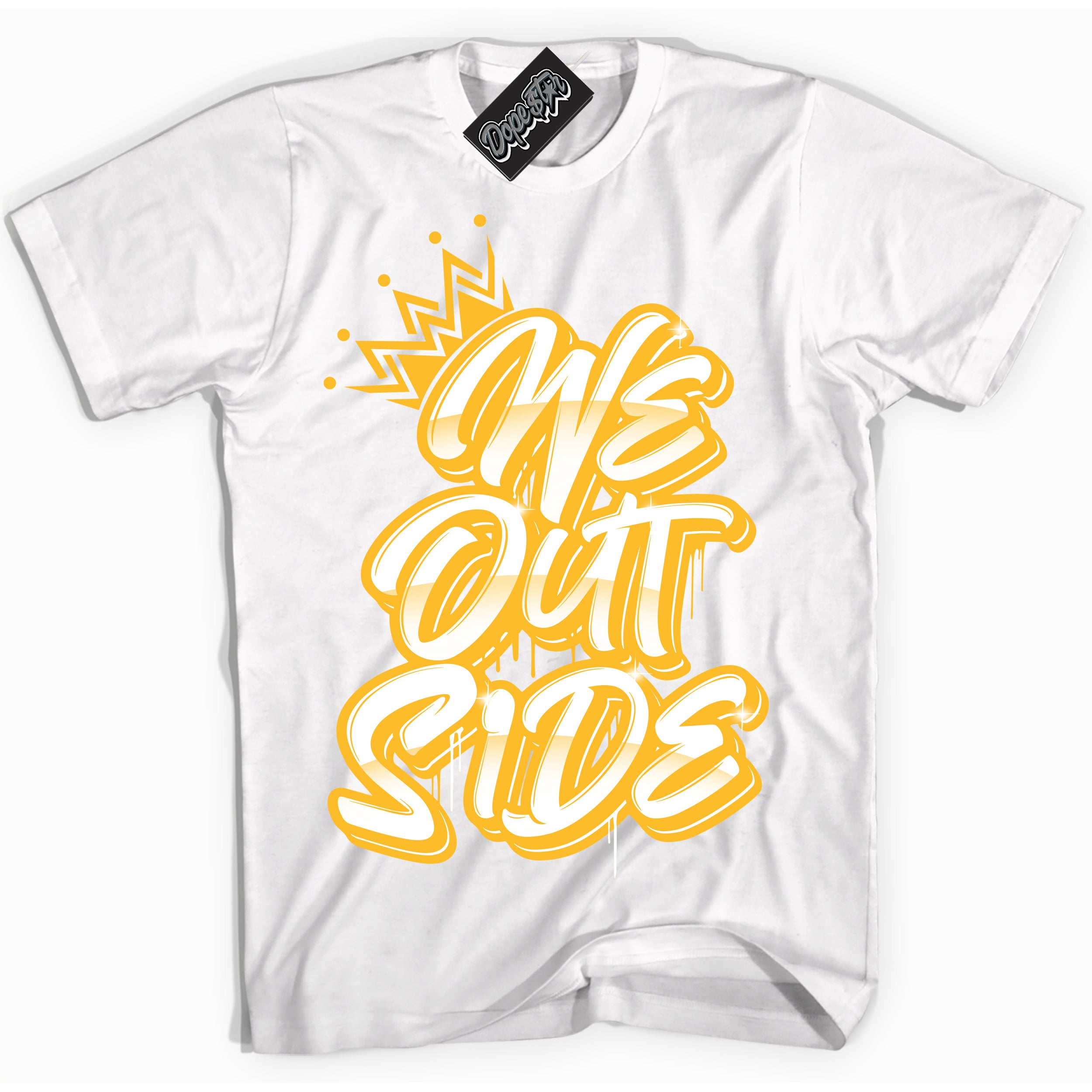 Cool White Shirt with “ We Outside ” design that perfectly matches White University Gold Sneakers.