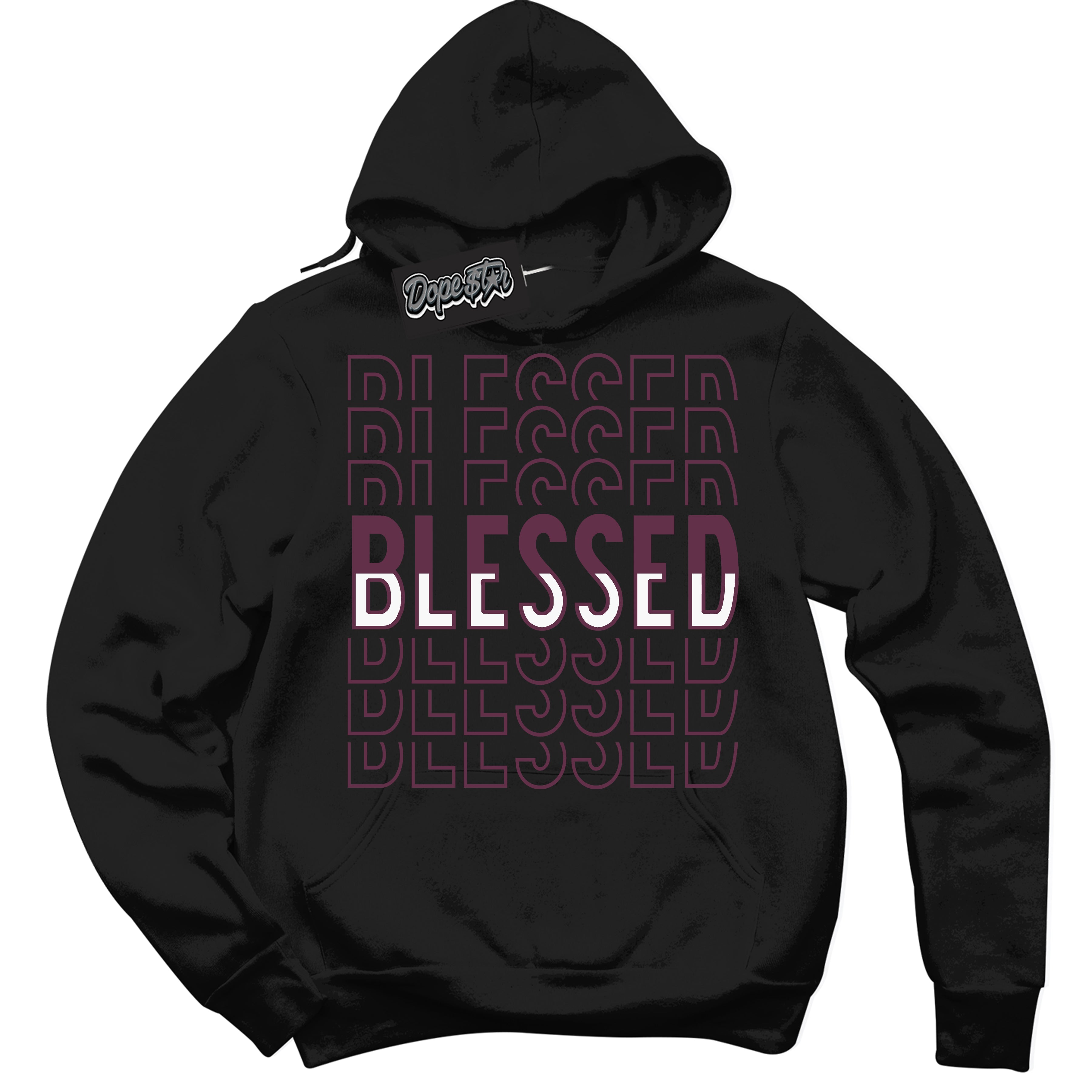 Cool Black Hoodie with “Blessed Stacked” design that Perfectly Matches White Viotech Dunks.