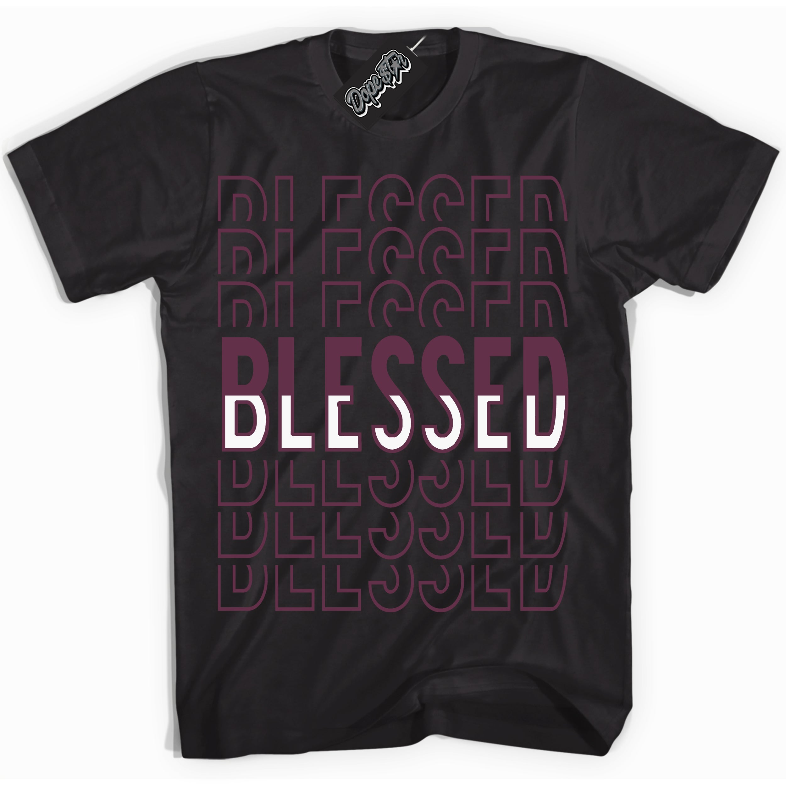 Cool Black Shirt with “Blessed Stacked” design that perfectly matches White Viotech Dunks.