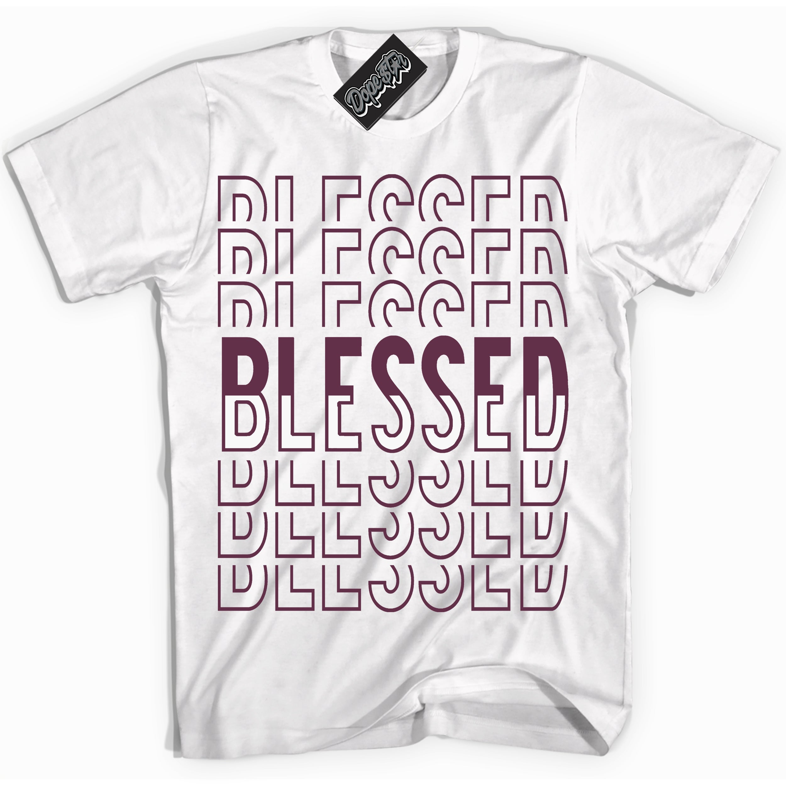 Cool White Shirt with “Blessed Stacked” design that perfectly matches White Viotech Dunks.