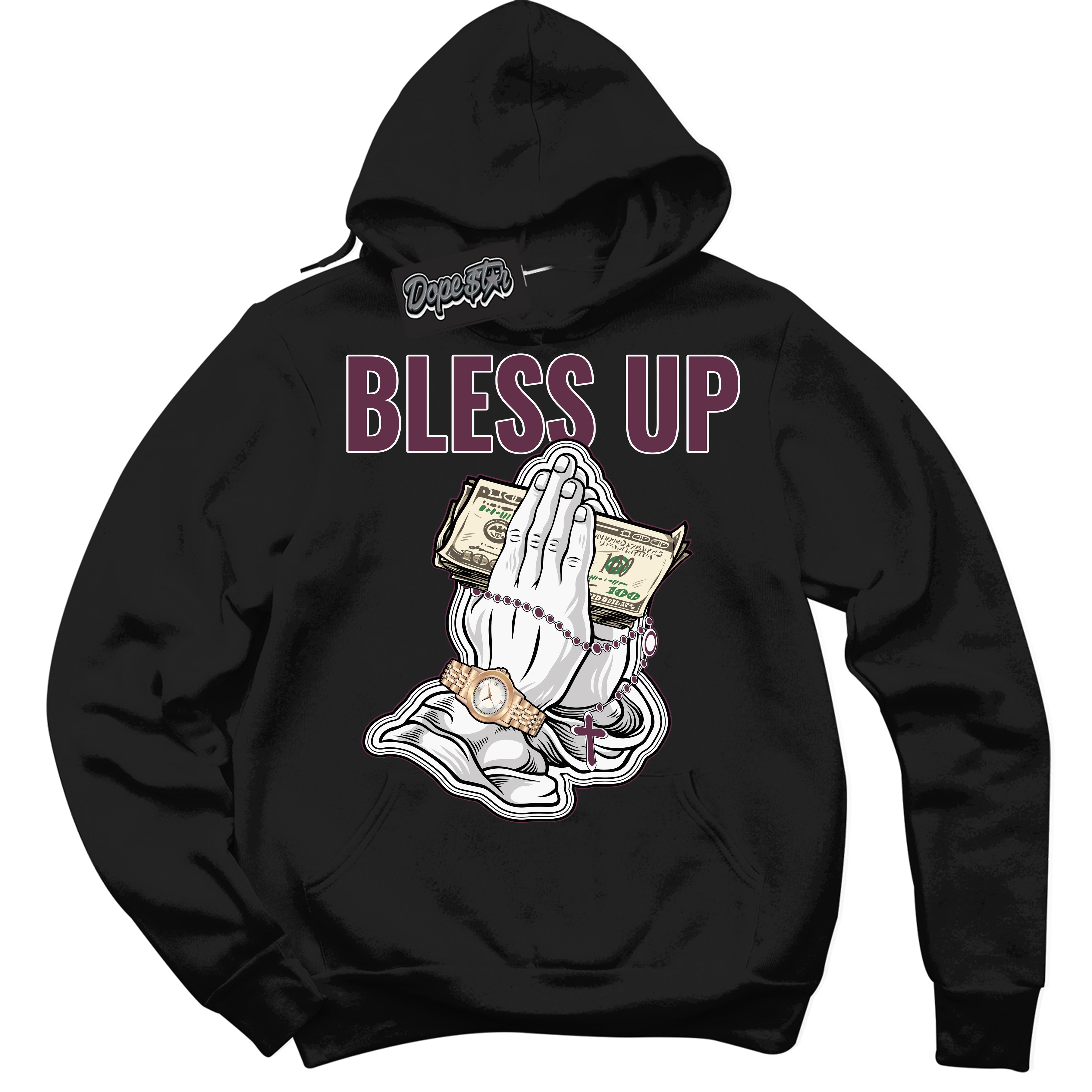 Cool Black Hoodie with “Bless Up” design that Perfectly Matches White Viotech Dunks.