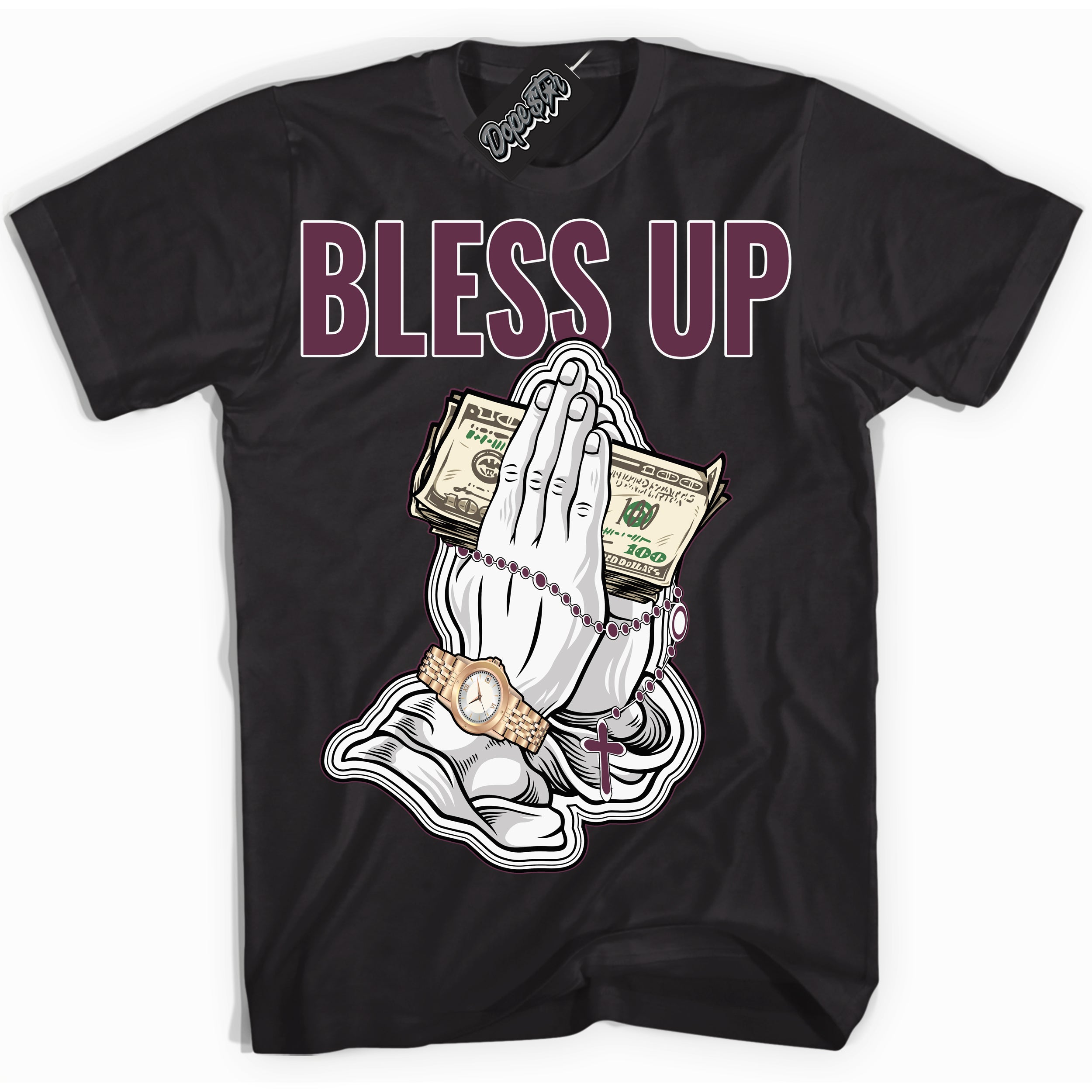 Cool Black Shirt with “Bless Up” design that perfectly matches White Viotech Dunks.