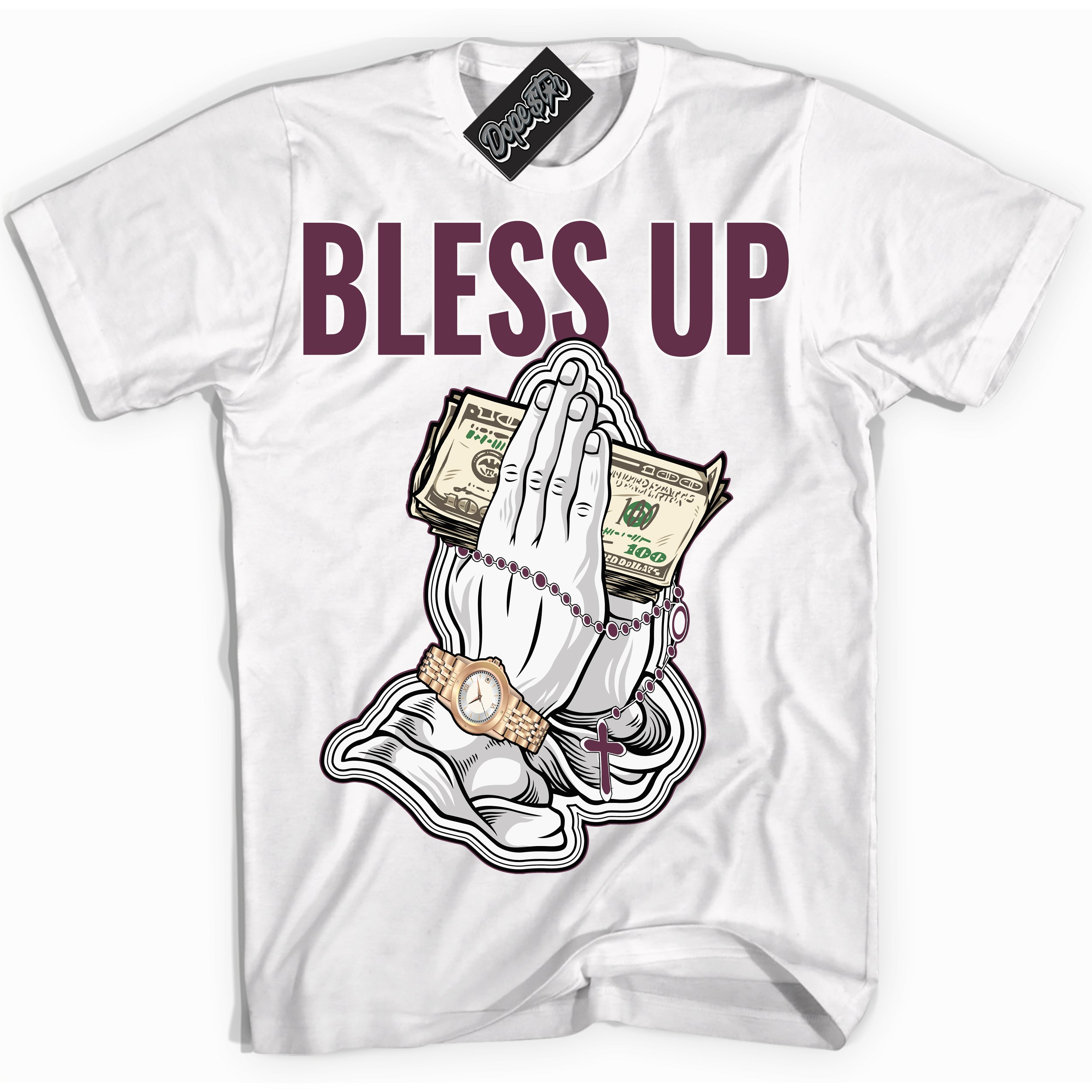 Cool White Shirt with “Bless Up” design that perfectly matches White Viotech Dunks.