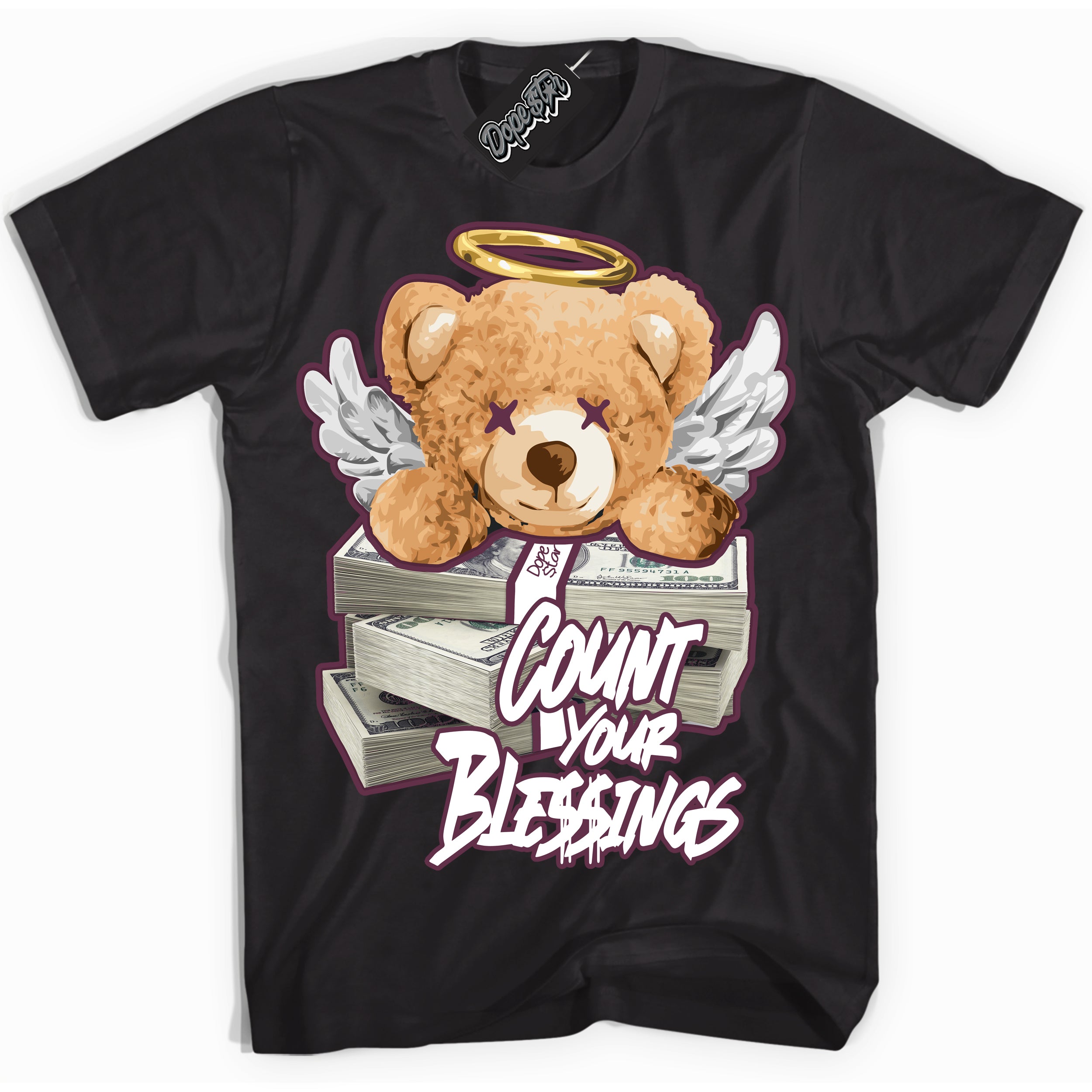 Cool Black Shirt with “Count Your Blessings” design that perfectly matches White Viotech Dunks.