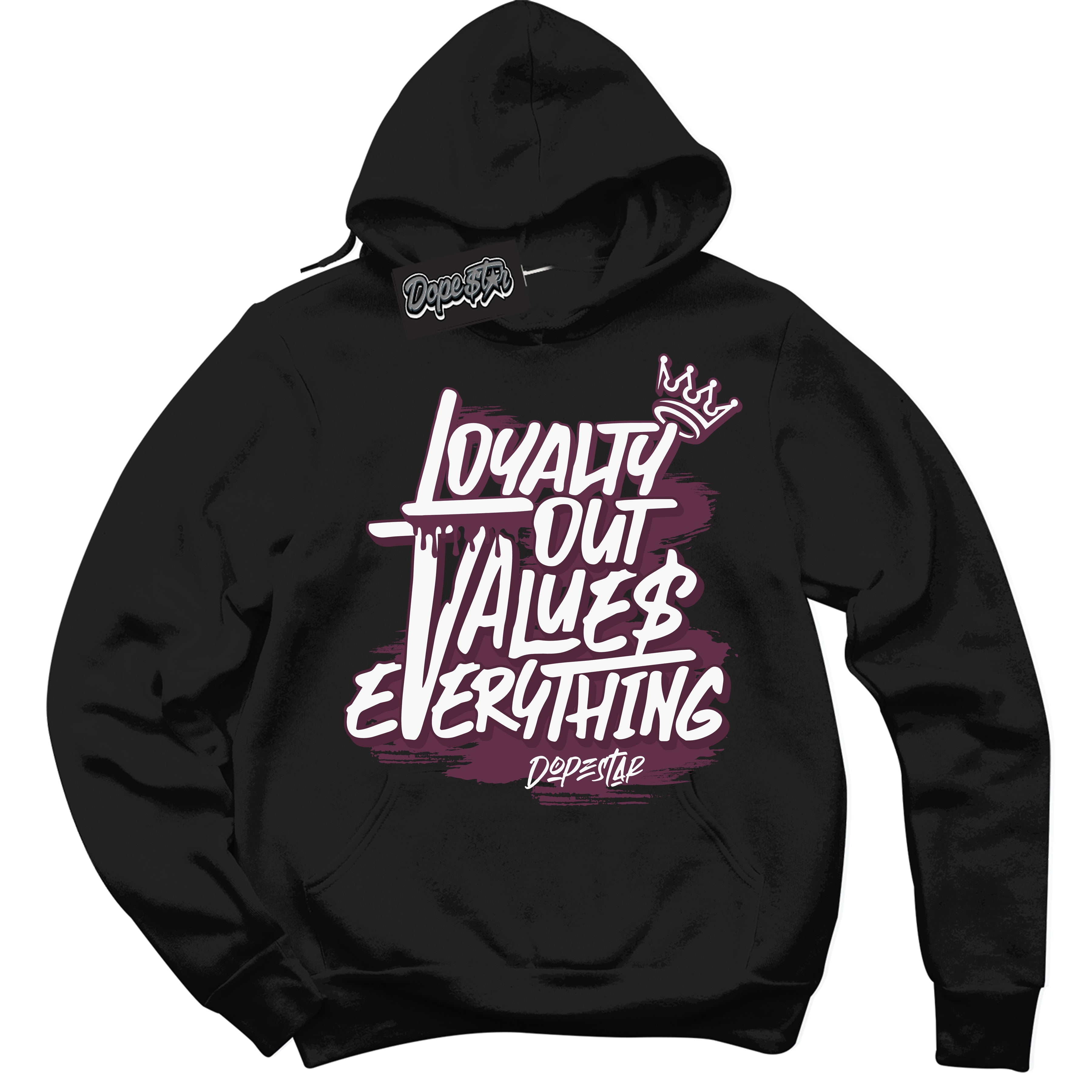 Cool Black Hoodie with “Loyalty Out Values Everything” design that Perfectly Matches White Viotech Dunks.