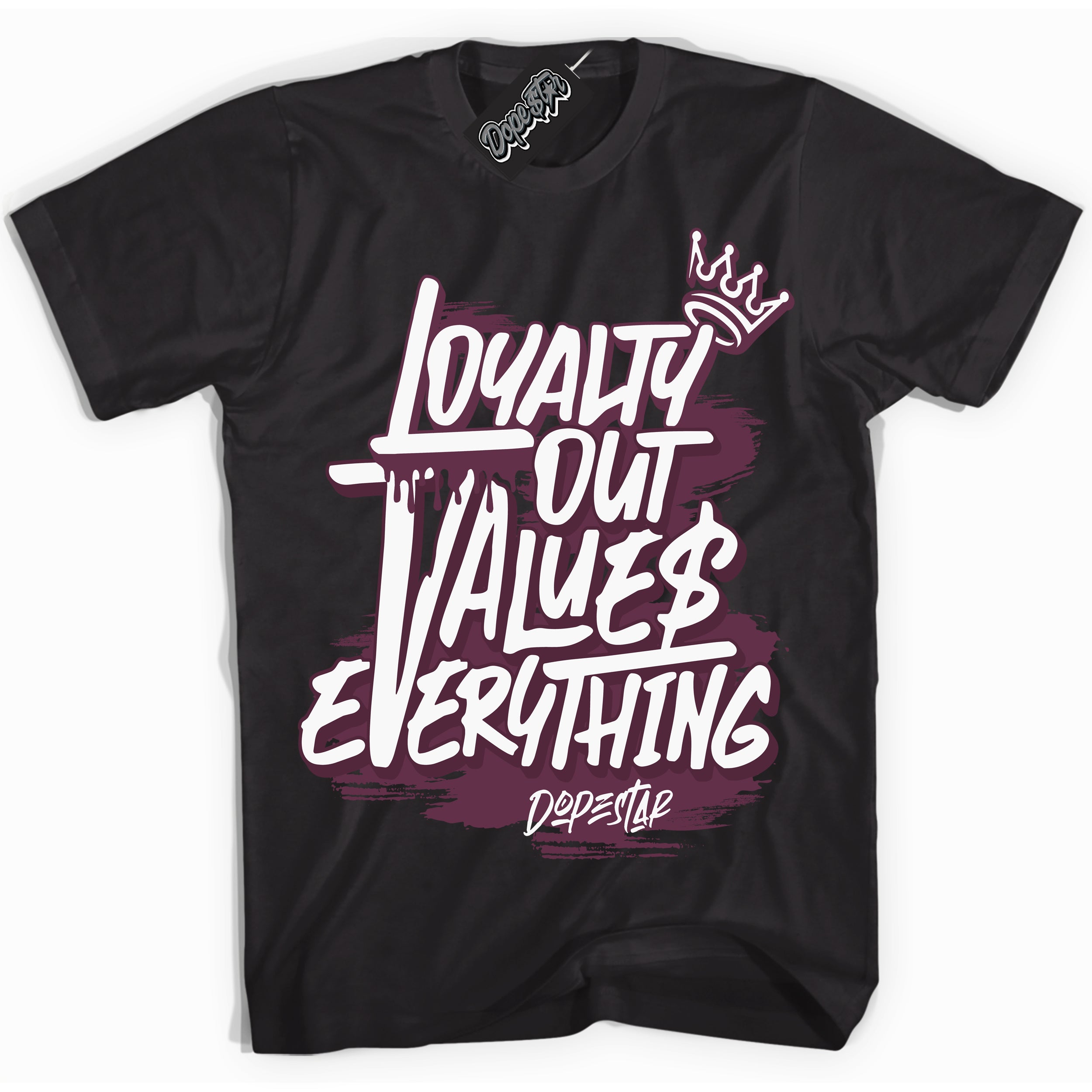 Cool Black Shirt with “Loyalty Out Values Everything” design that perfectly matches White Viotech Dunks.