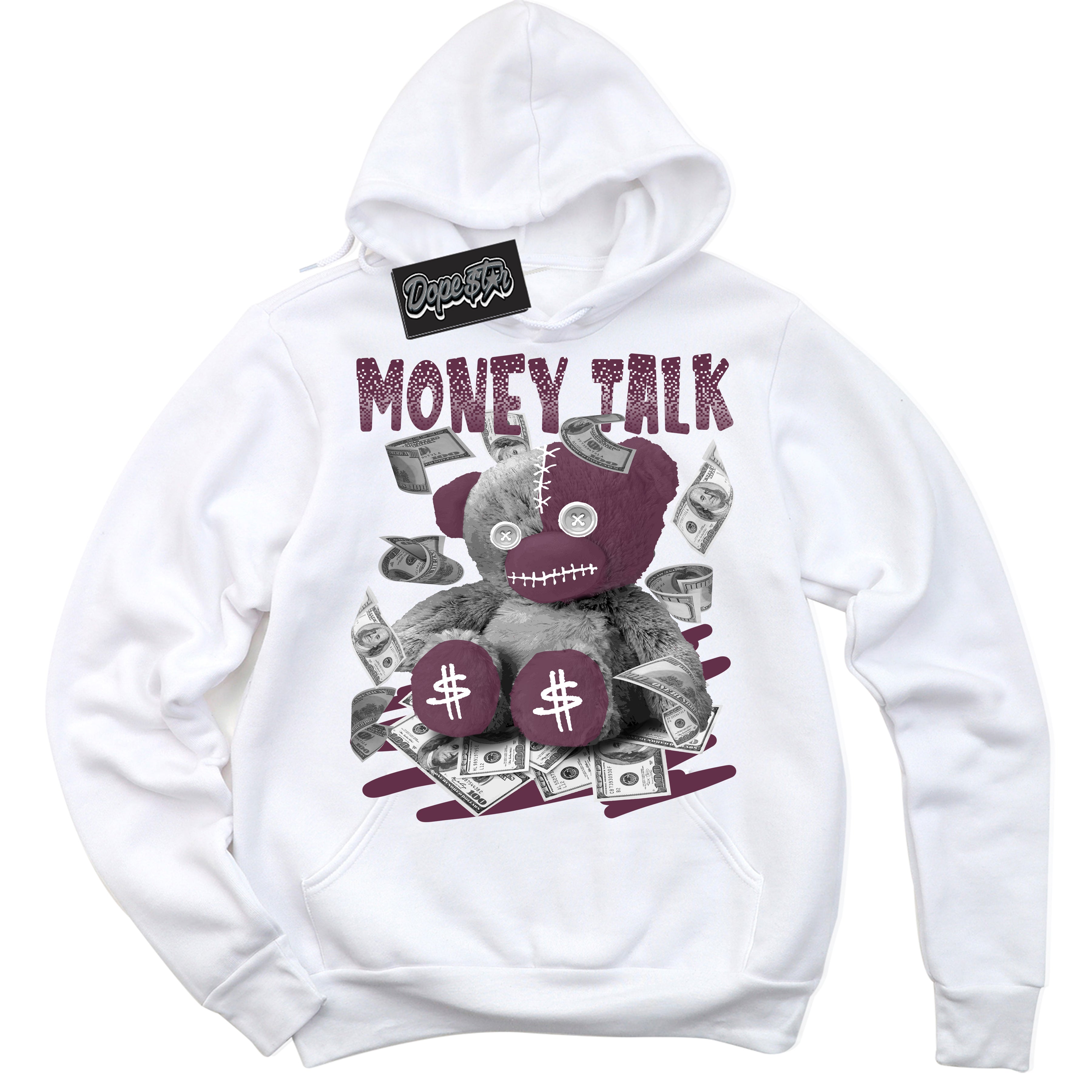 Cool White Hoodie with “Money Talk Bear” design that Perfectly Matches White Viotech Dunks.