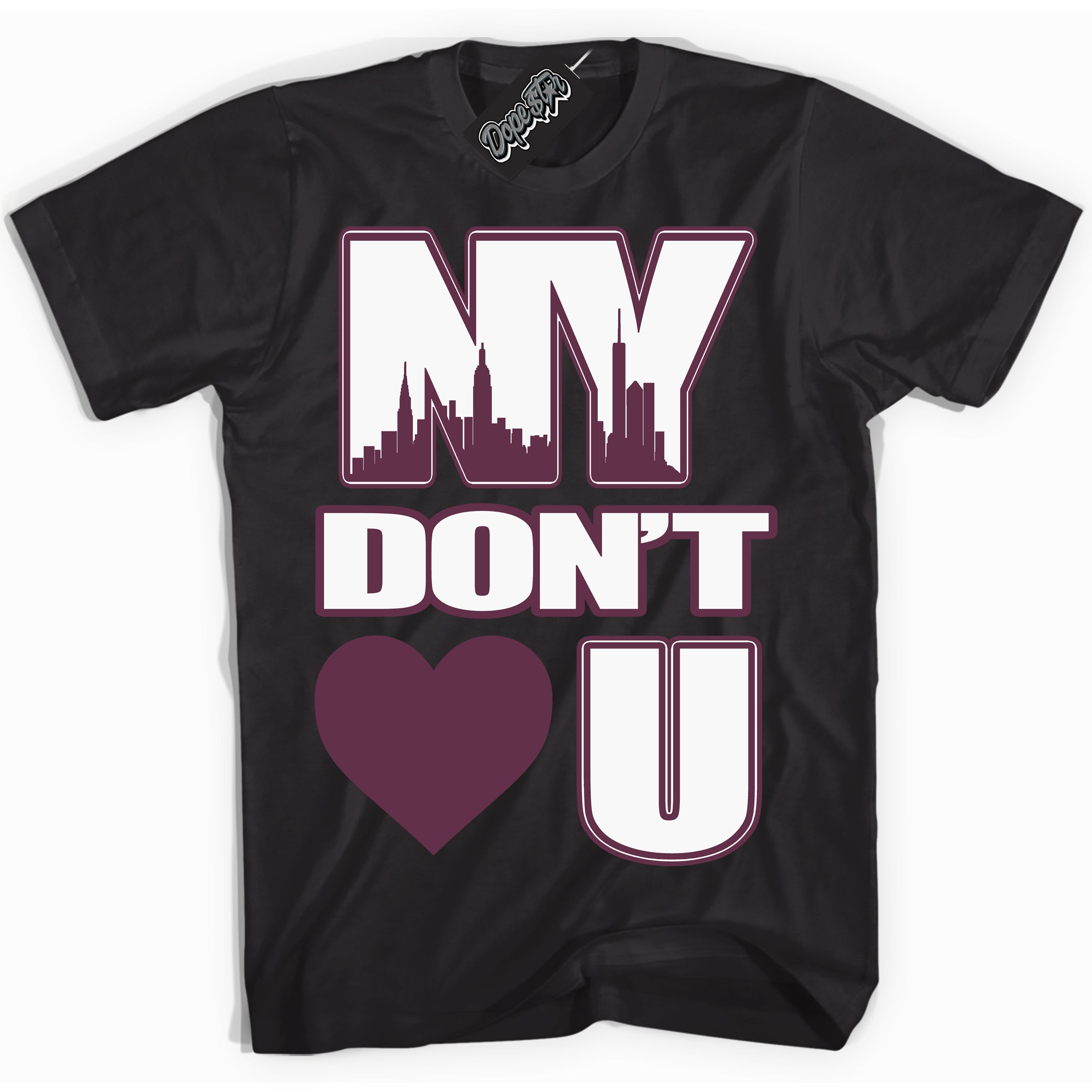 Cool Black Shirt with “NY Don't Love You” design that perfectly matches White Viotech Dunks.