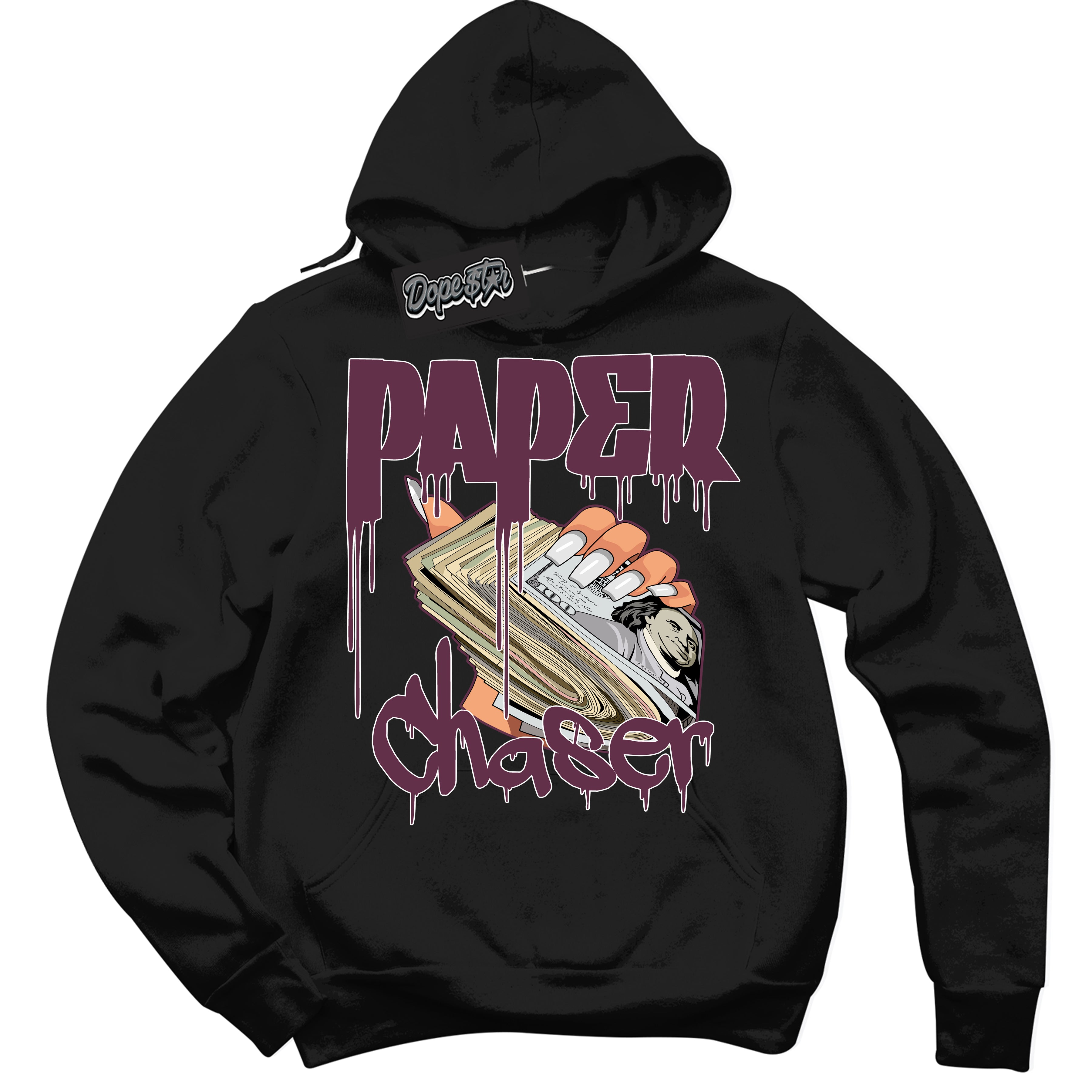 Cool Black Hoodie with “Paper Chaser” design that Perfectly Matches White Viotech Dunks.