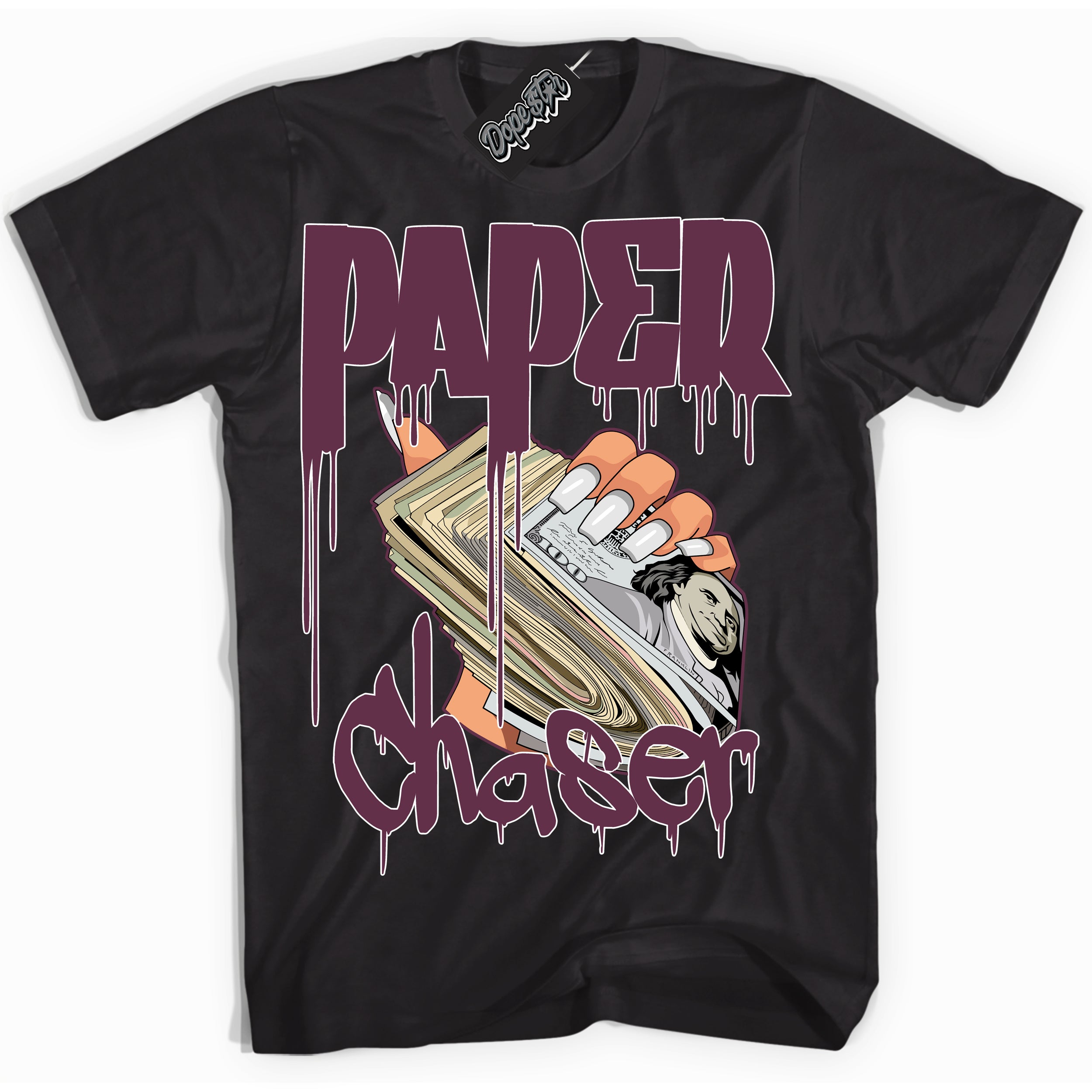 Cool Black Shirt with “Paper Chaser” design that perfectly matches White Viotech Dunks.