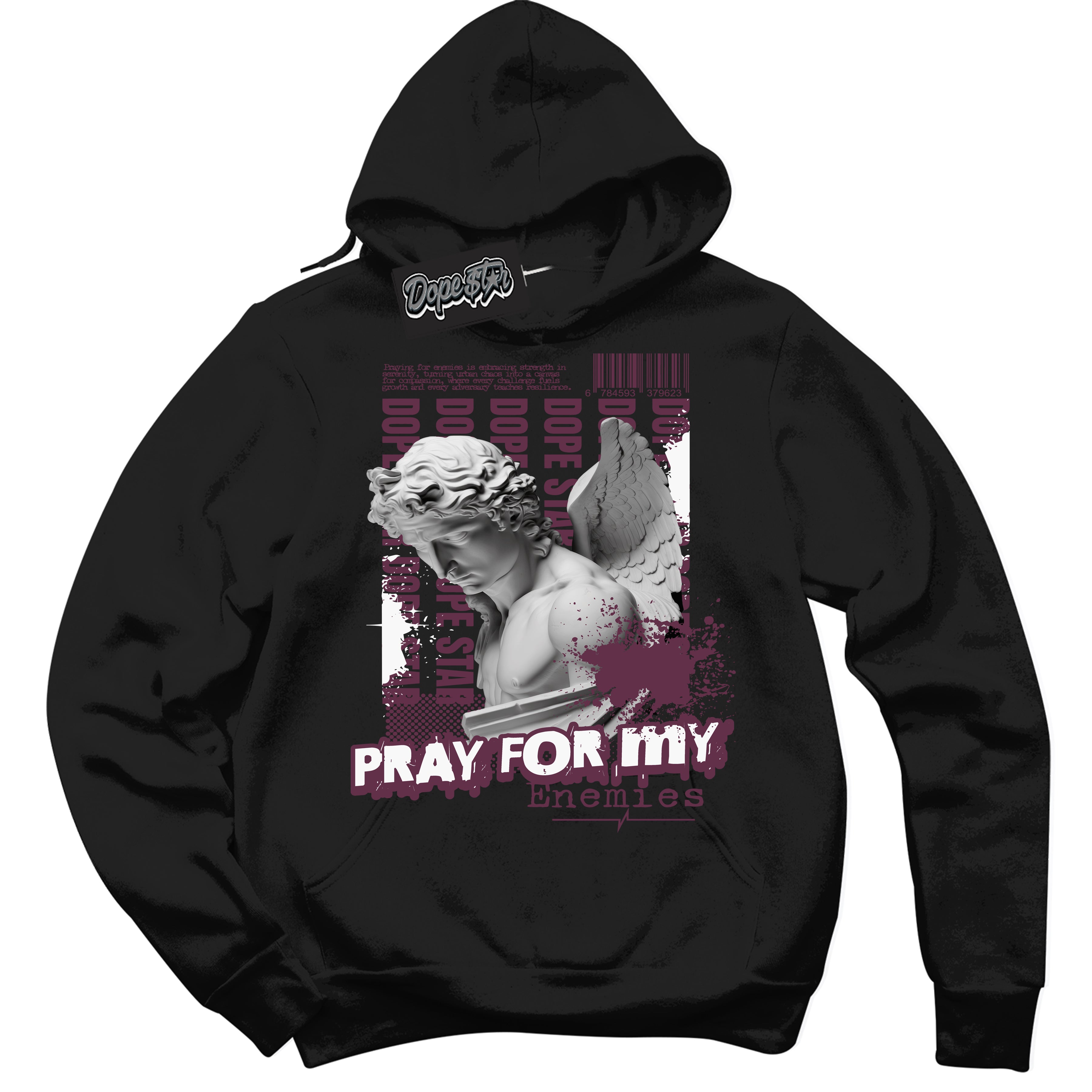 Cool Black Hoodie with “Pray Enemies” design that Perfectly Matches White Viotech Dunks.