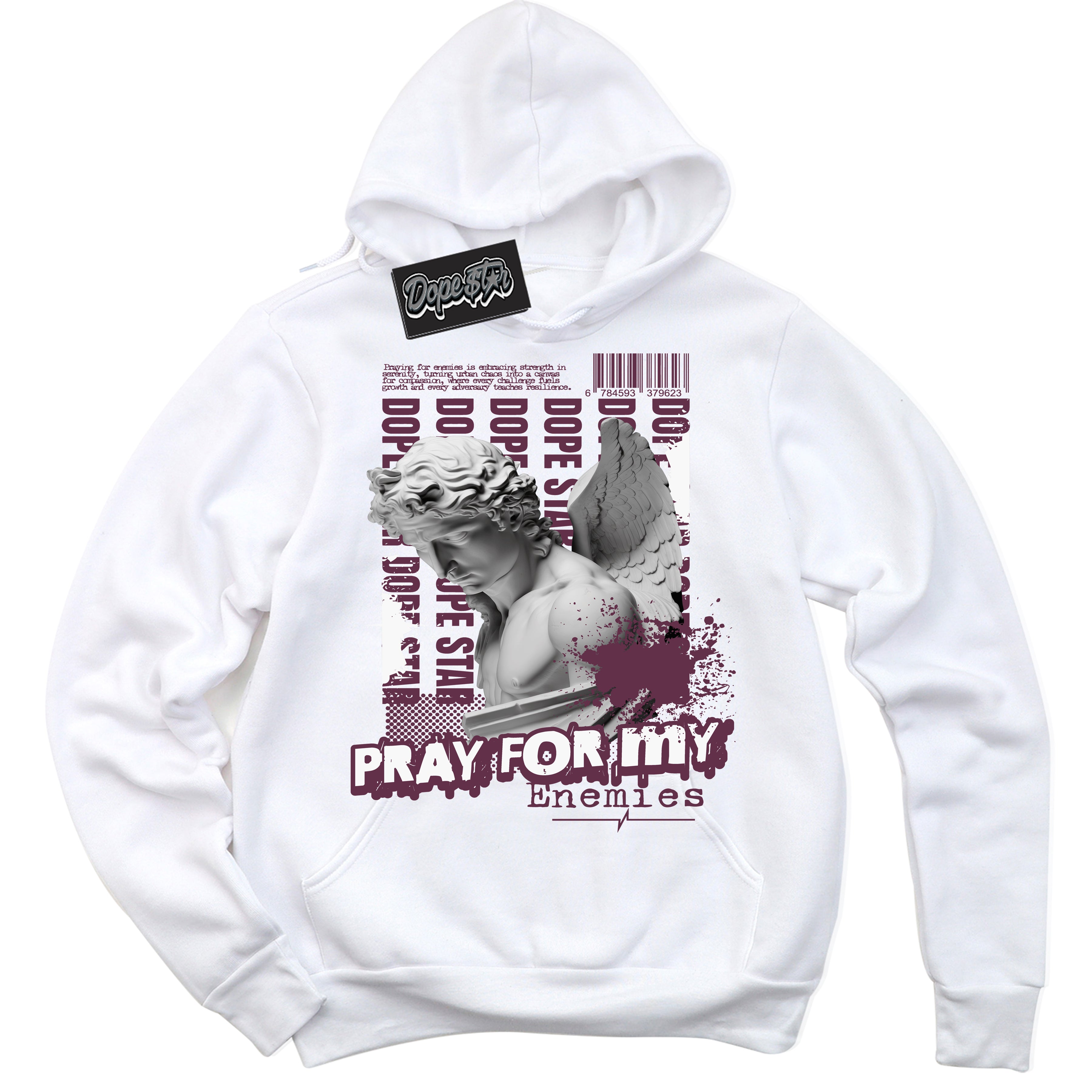 Cool White Hoodie with “Pray Enemies” design that Perfectly Matches White Viotech Dunks.