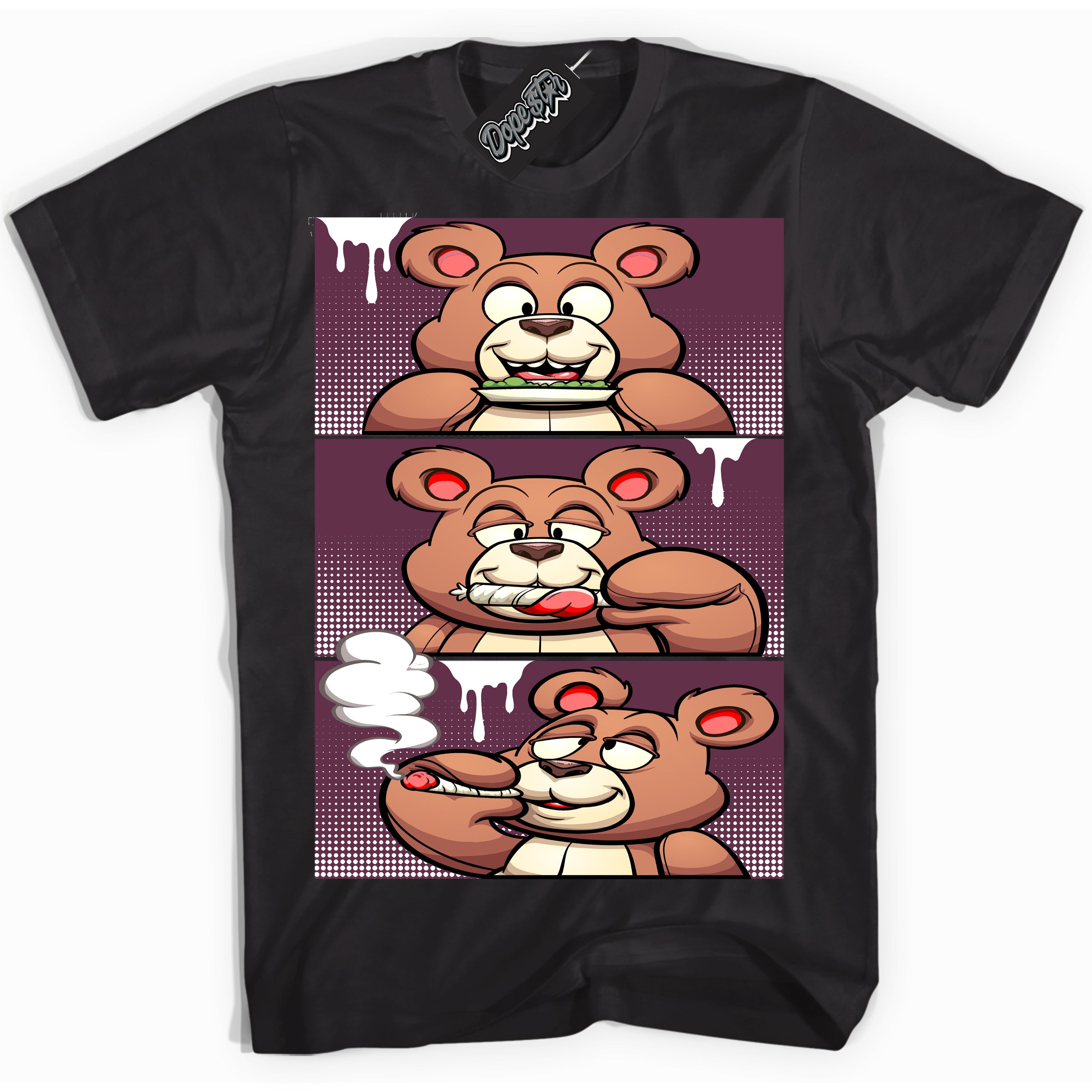 Cool Black Shirt with “Roll It Lick It Smoke It Bear” design that perfectly matches White Viotech Dunks.