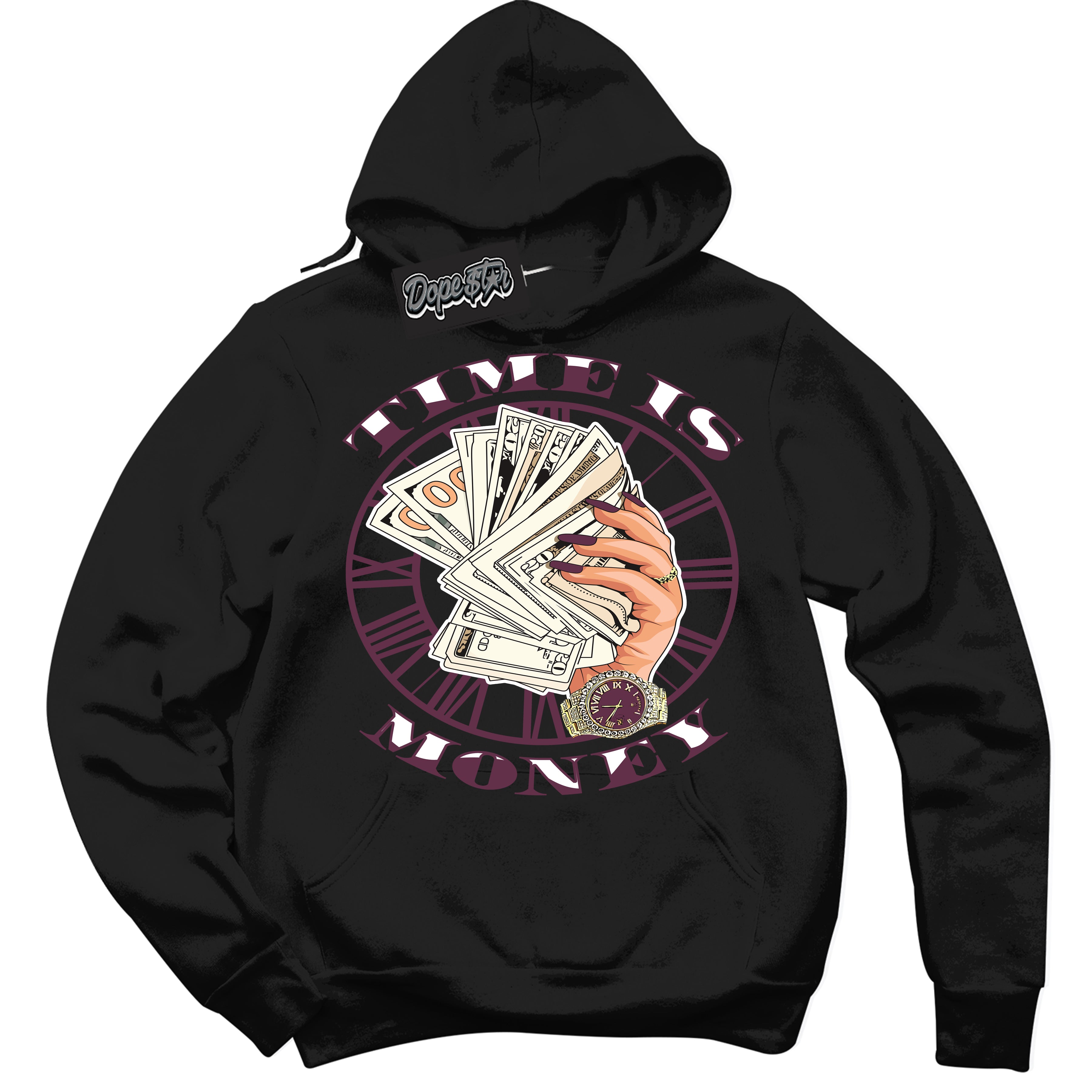 Cool Black Hoodie with “Time Is Money” design that Perfectly Matches White Viotech Dunks.