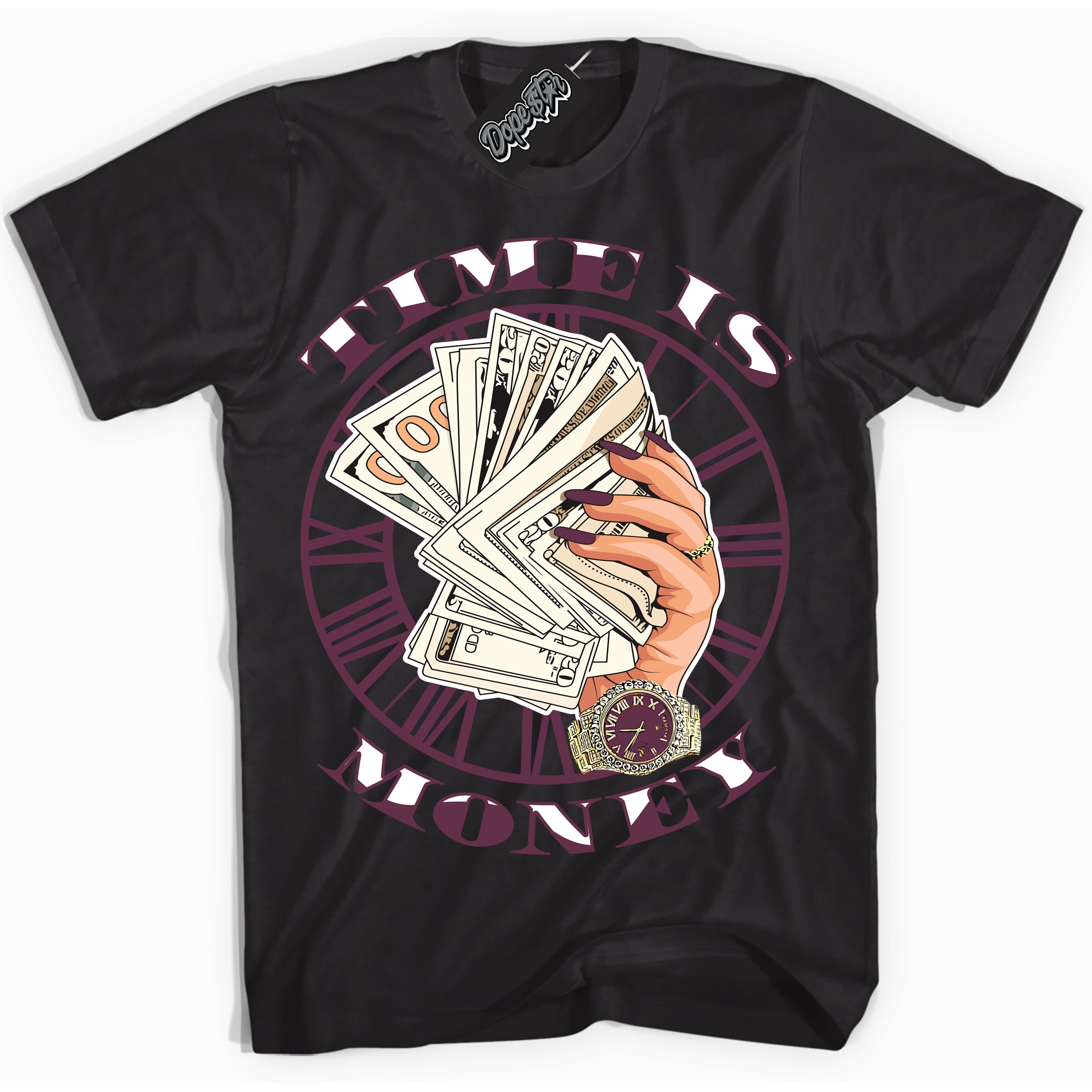 Cool Black Shirt with “Time Is Money” design that perfectly matches White Viotech Dunks.