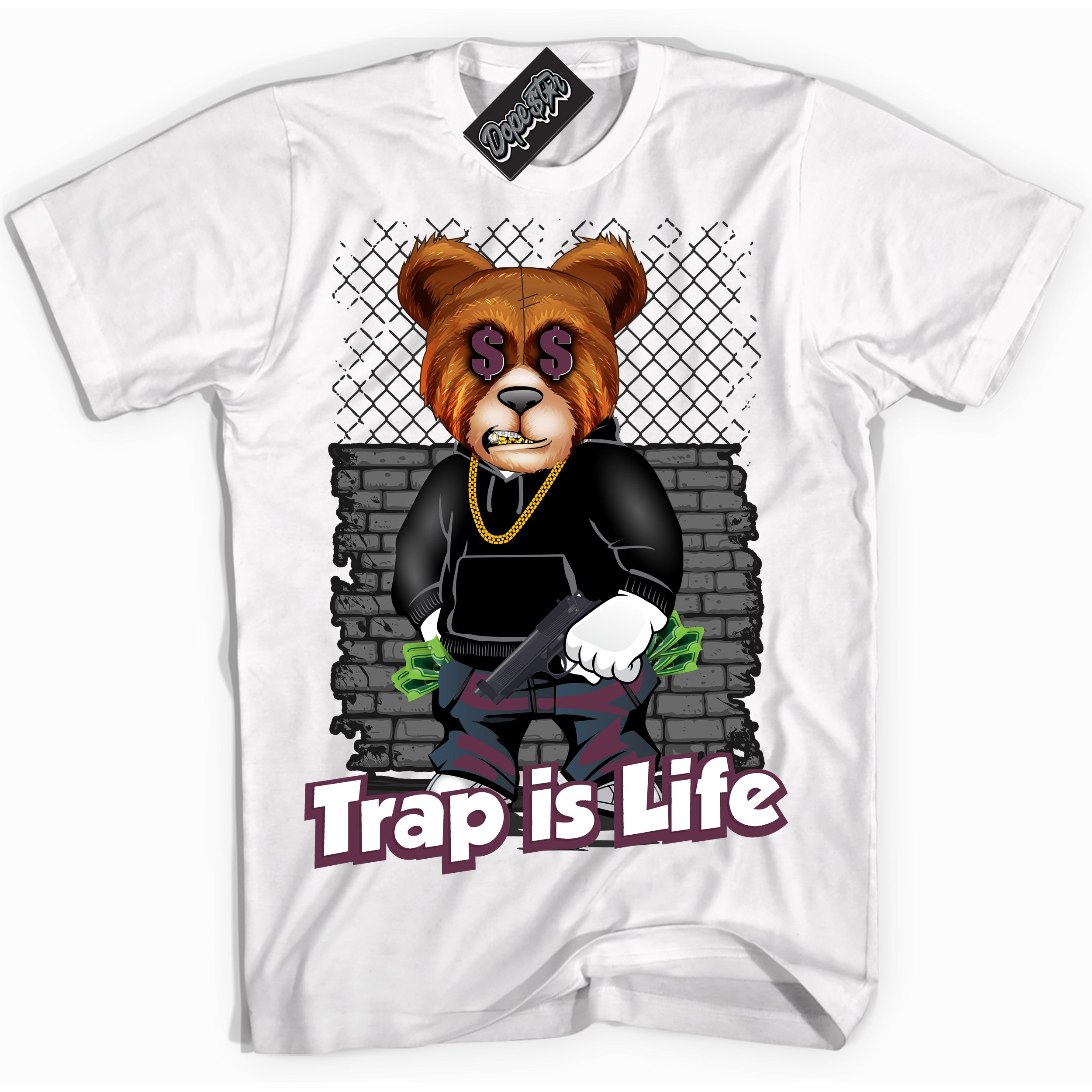 Cool White Shirt with “Trap Is Life” design that perfectly matches White Viotech Dunks.