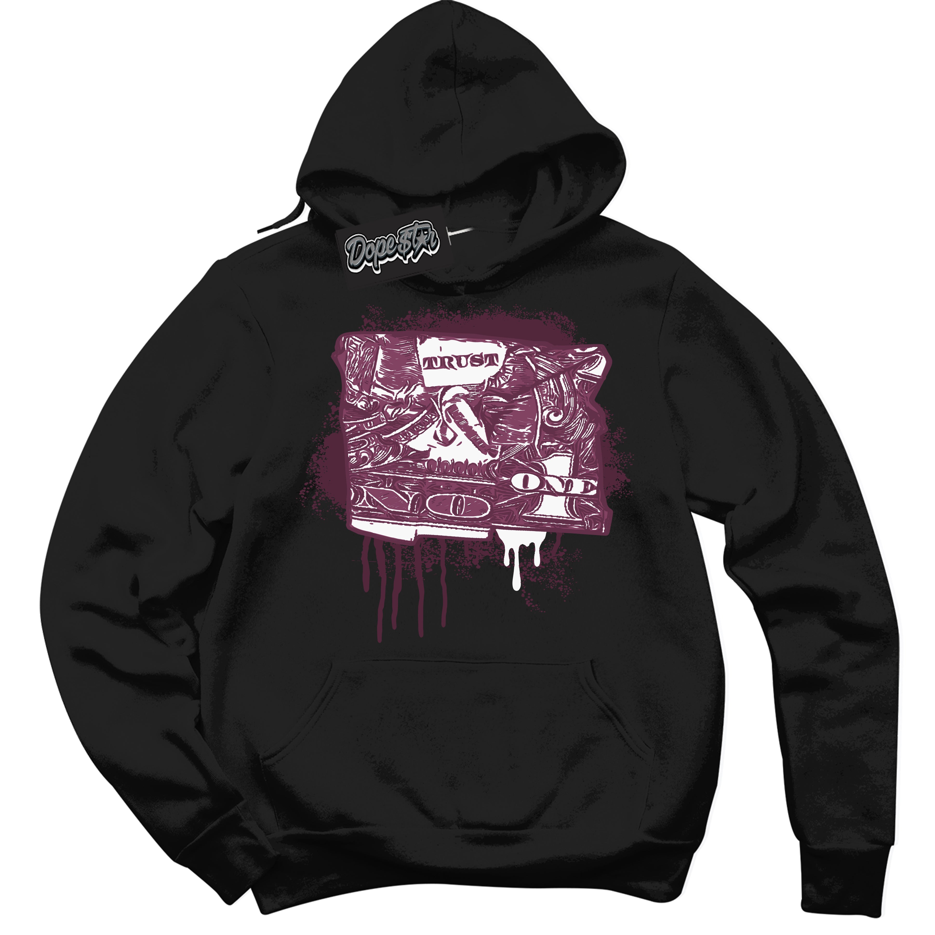 Cool Black Hoodie with “Trust No One Dollar” design that Perfectly Matches White Viotech Dunks.