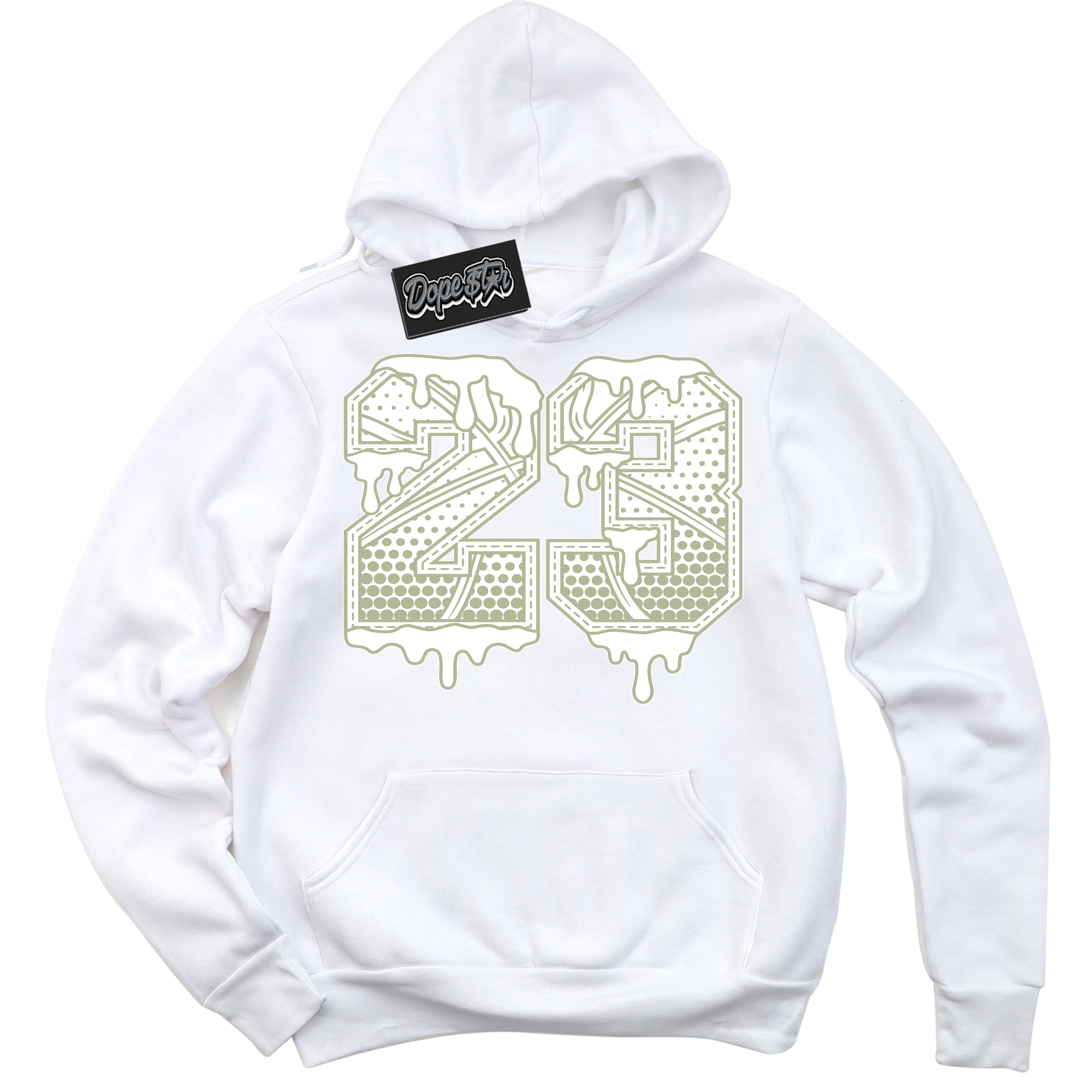 Cool White Hoodie with “ 23 Ball ”  design that Perfectly Matches Next Nature Olive Aura Dunks.
